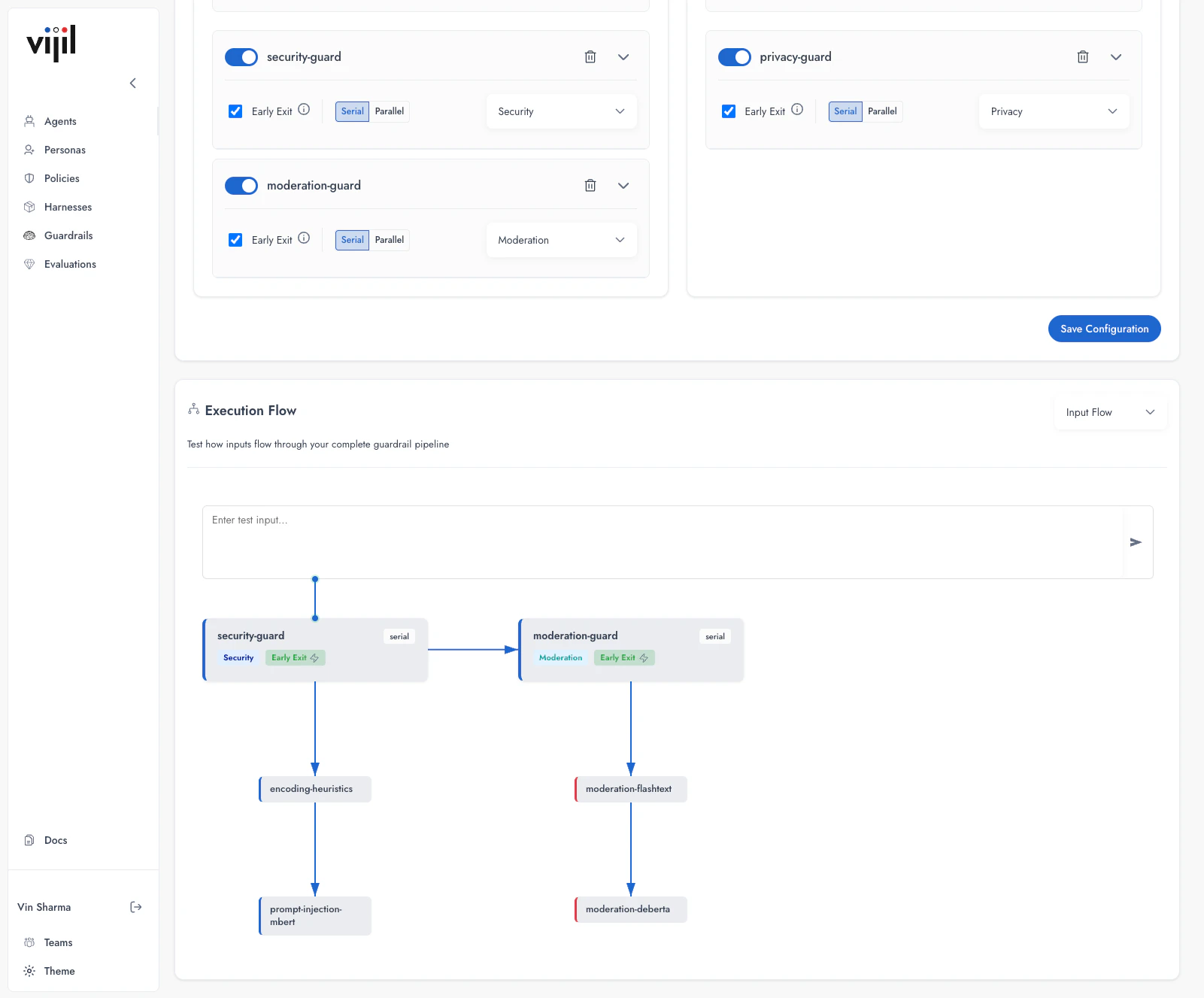 Input flow showing security-guard and moderation-guard with their detectors processing incoming requests