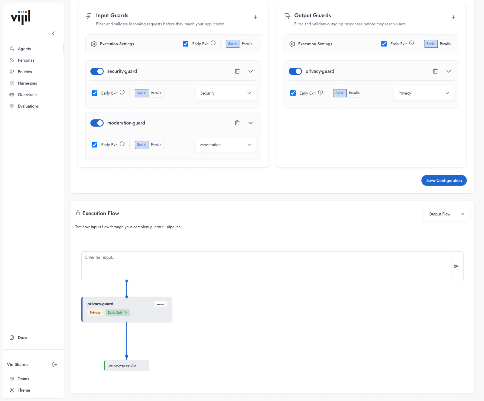 Output flow showing privacy-guard with privacy-presidio detector processing outgoing responses