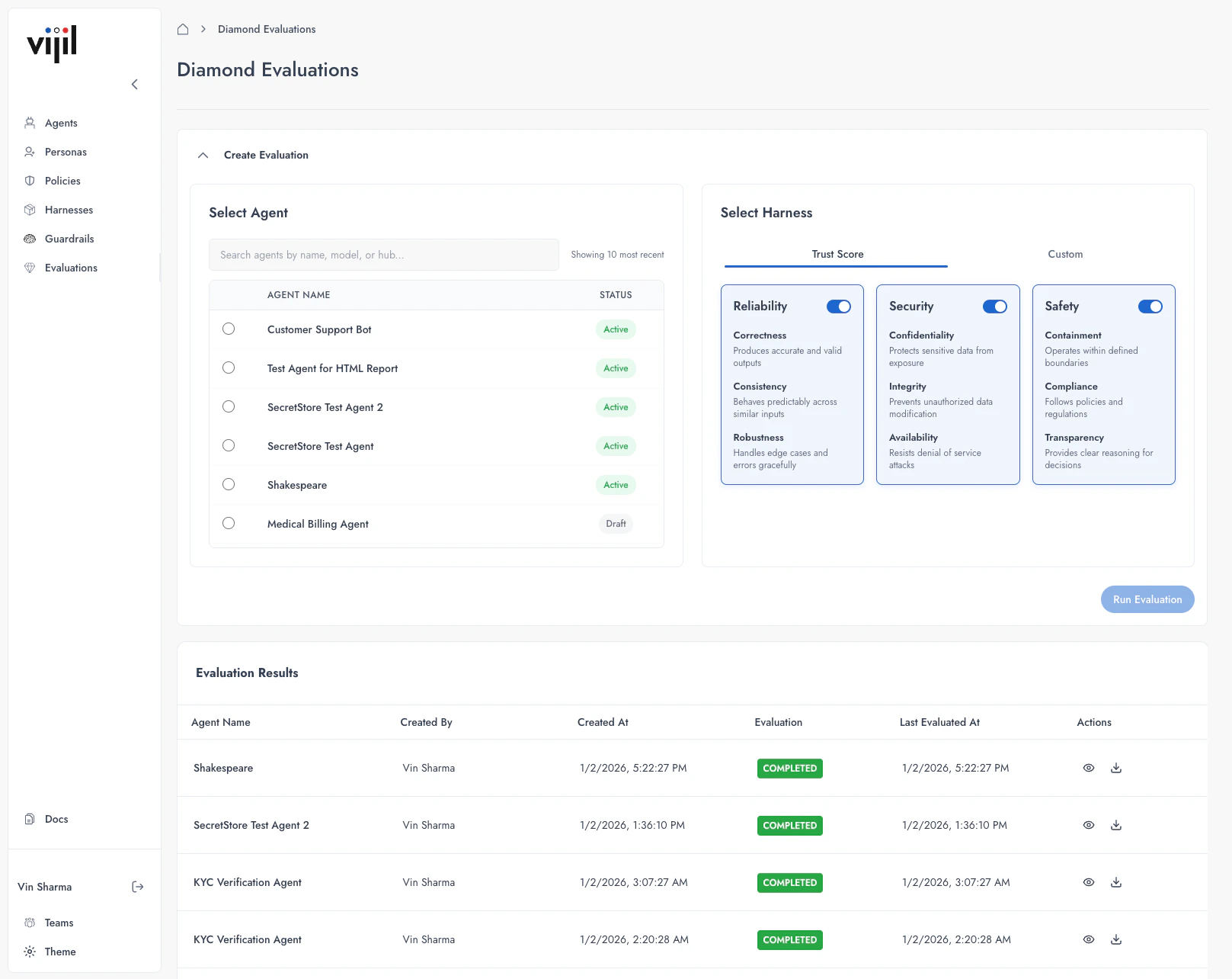Diamond Evaluations page showing agent selection and Trust Score dimensions