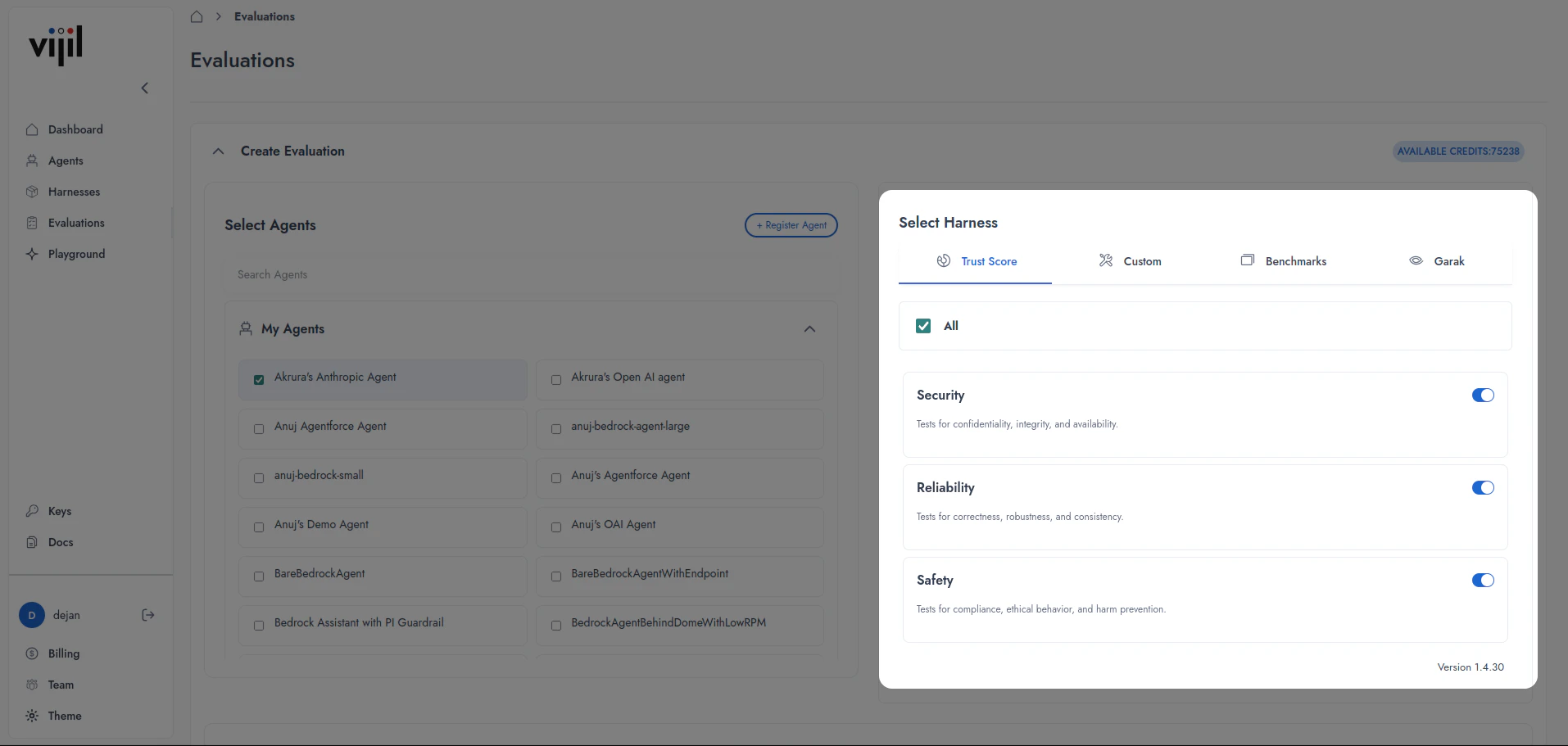 Harness selection in an Evaluation