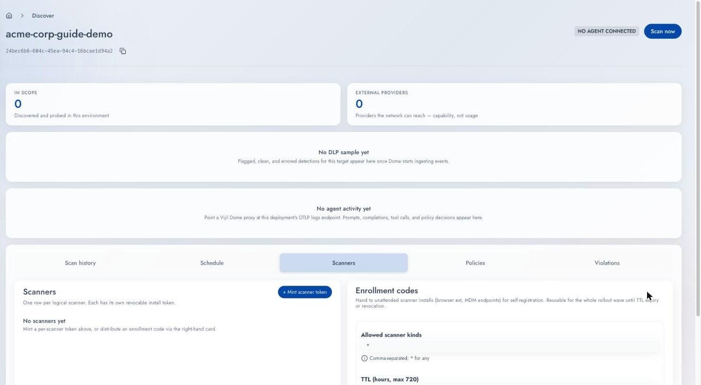 The enrollment code generation form showing the allowed scanner kinds field and the time to live field