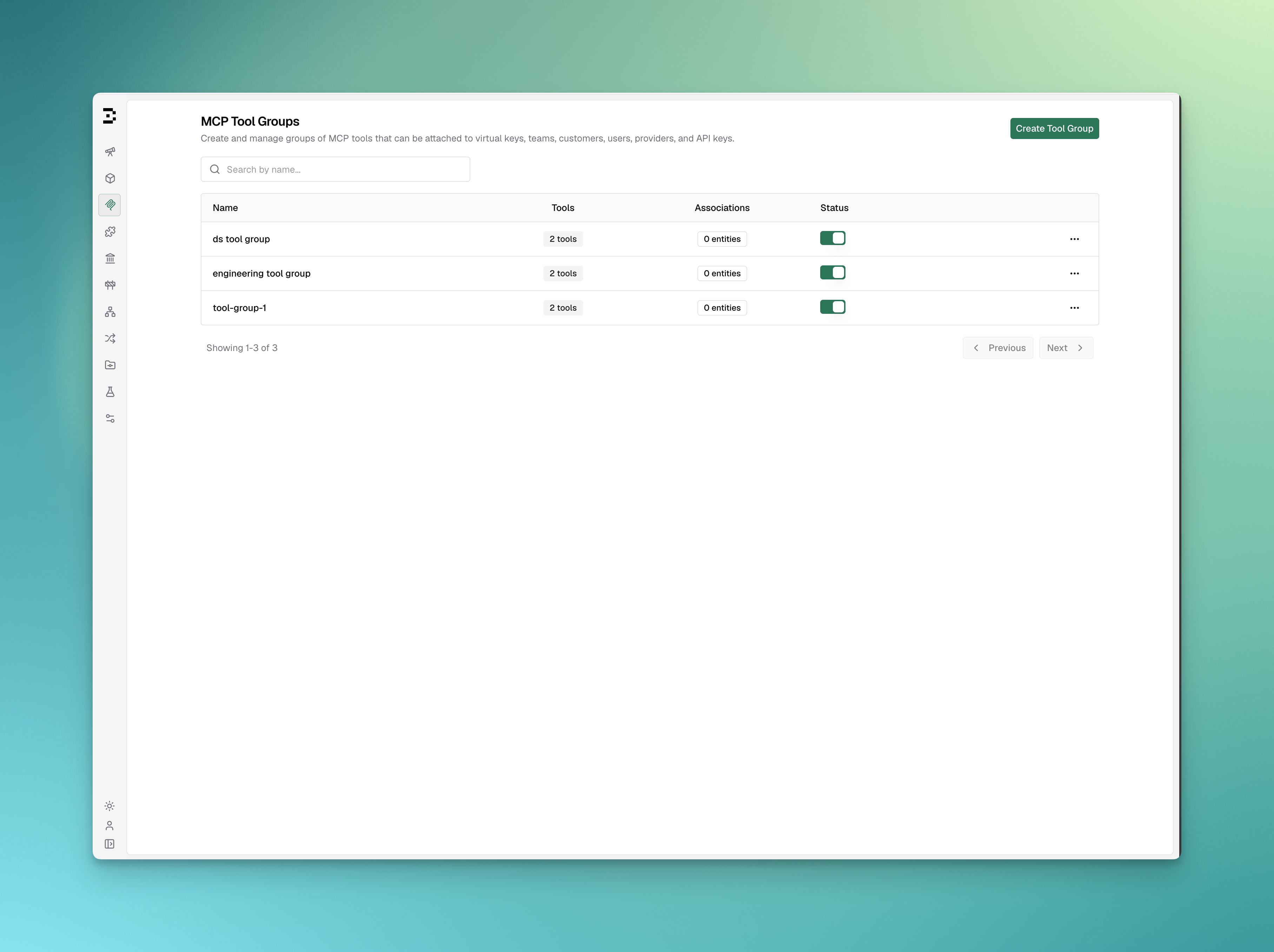 MCP Tool Groups list page with table columns and create button