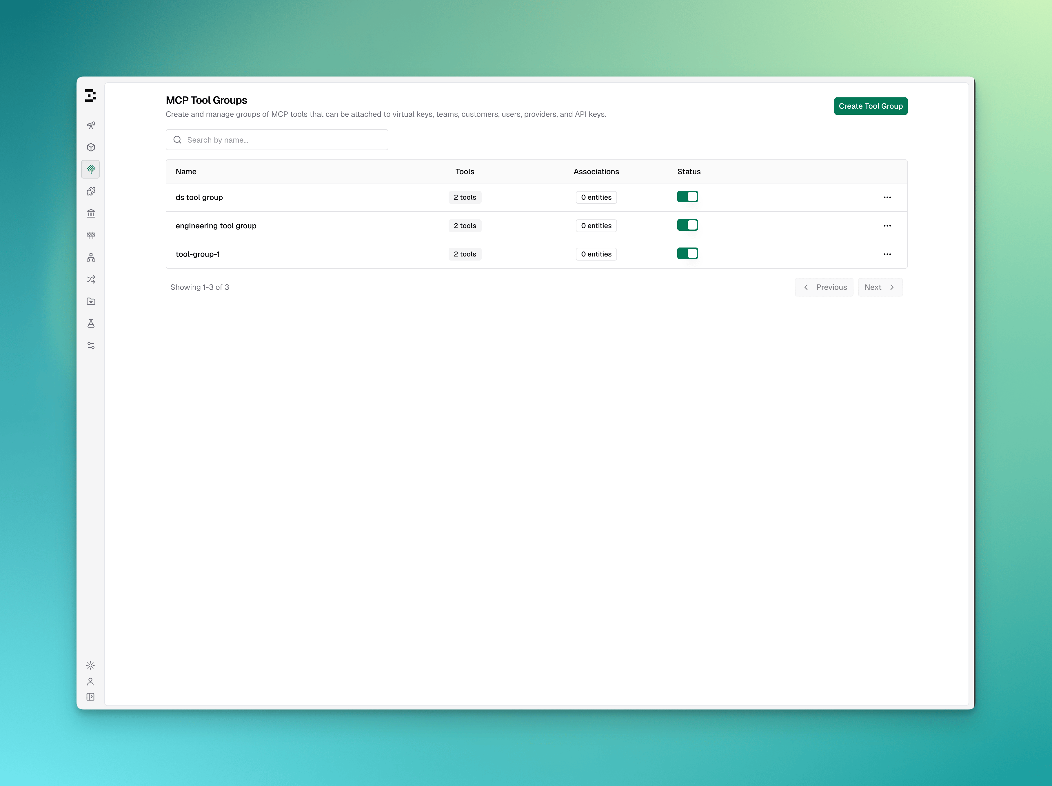 MCP Tool Groups list page with table columns and create button