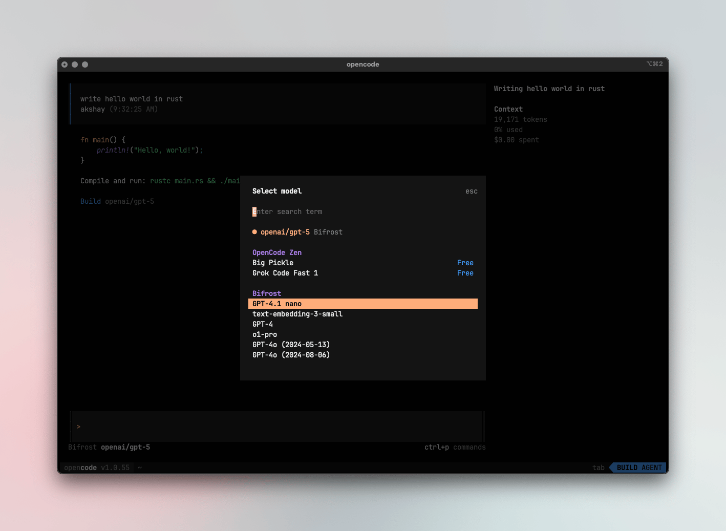 Opencode model selection