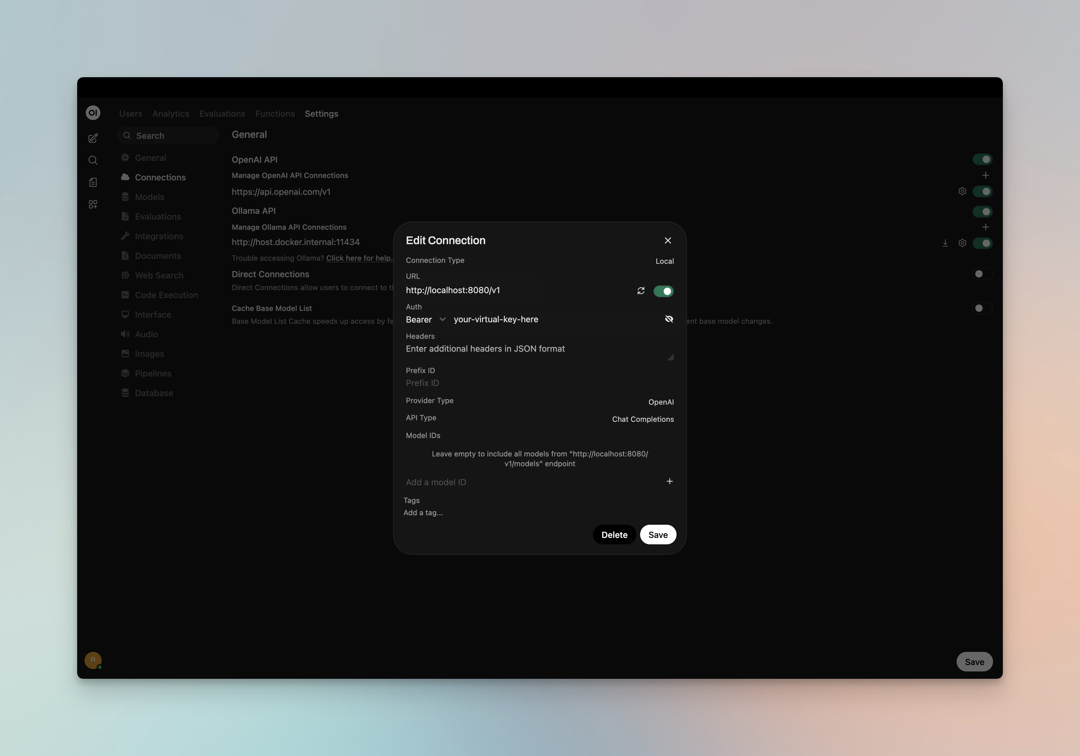 Adding Vikat as a connection in Open WebUI Admin Settings