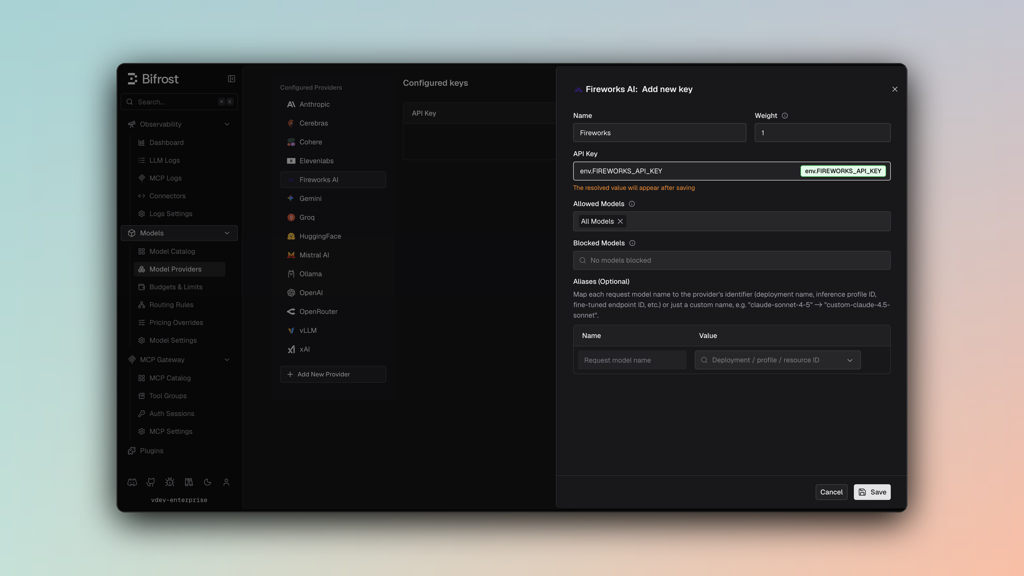 Fireworks AI provider dashboard