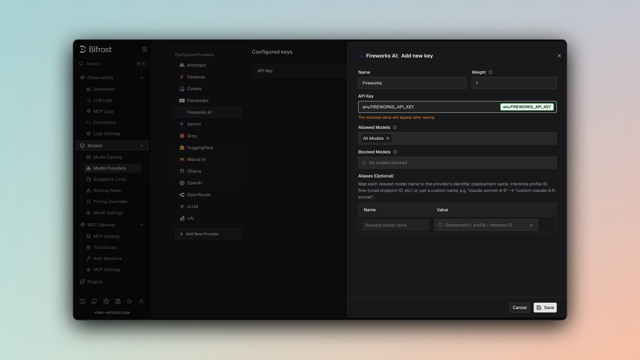 Fireworks AI provider dashboard