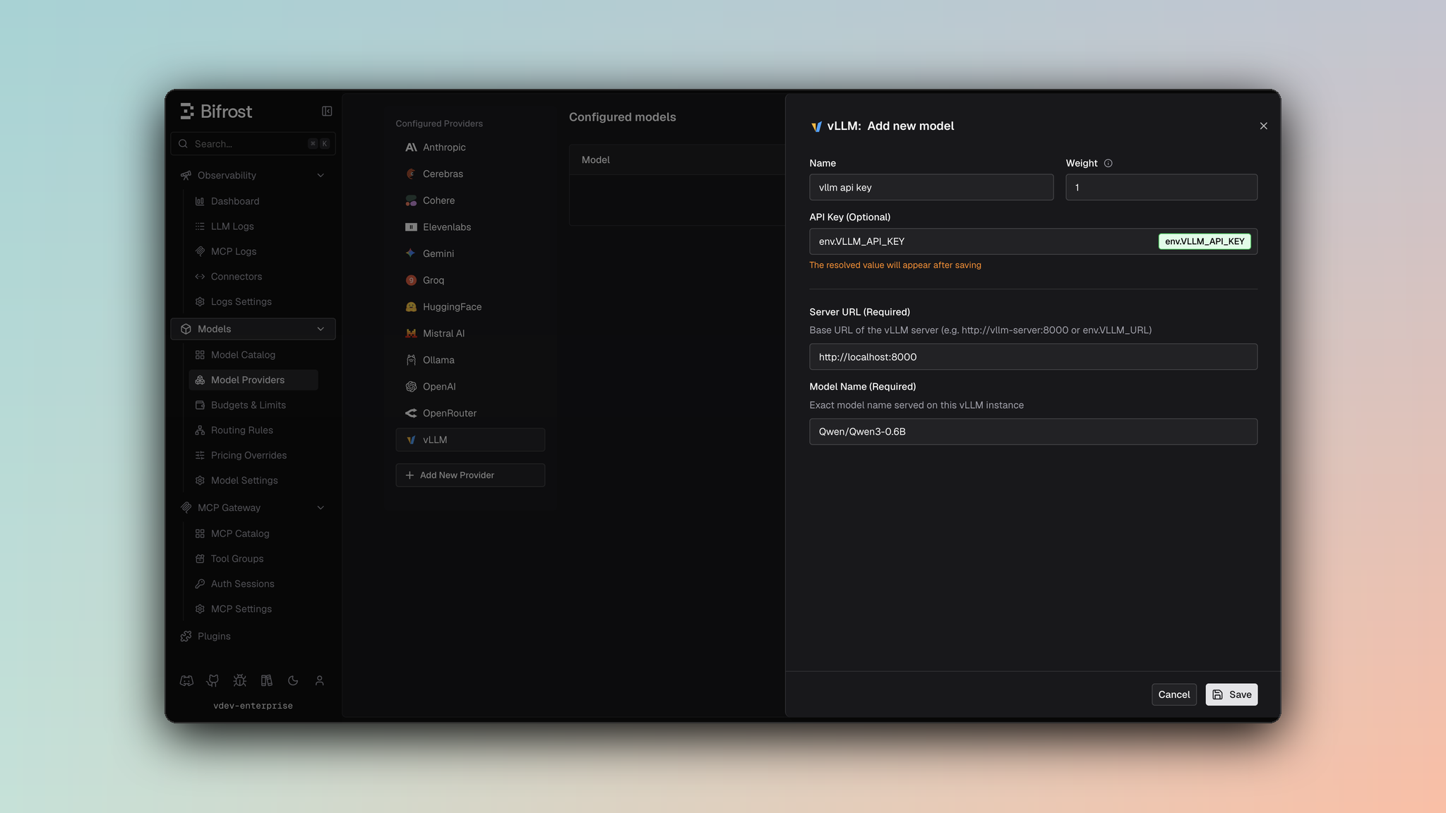 vLLM provider dashboard