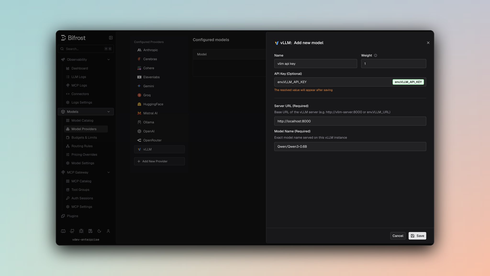 vLLM provider dashboard