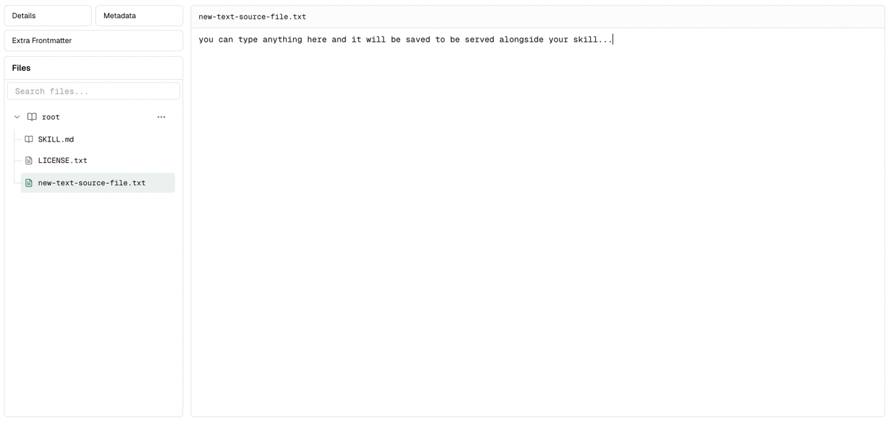 New text file selected in the file tree with its source editor open in the right pane