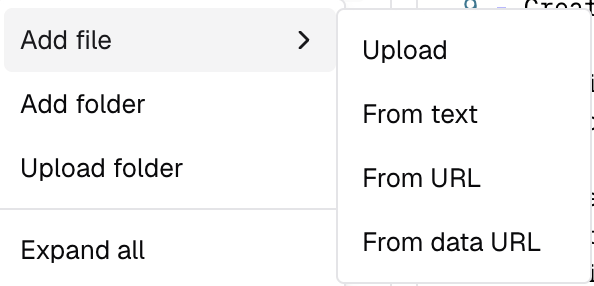 Add file dropdown showing Via text, Via URL, Via data URL, and Via upload options