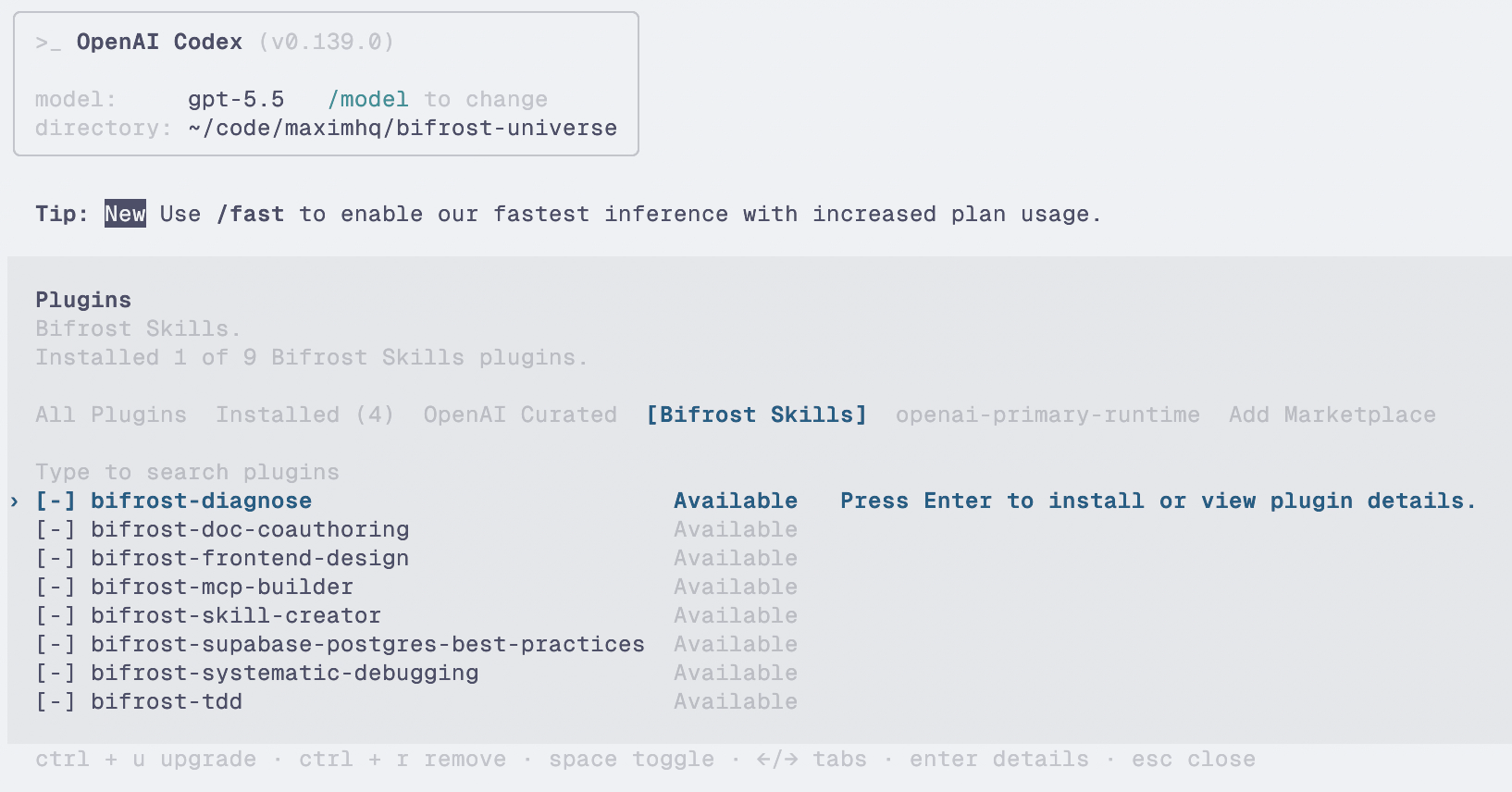 Codex CLI showing individual Vikat skill plugins