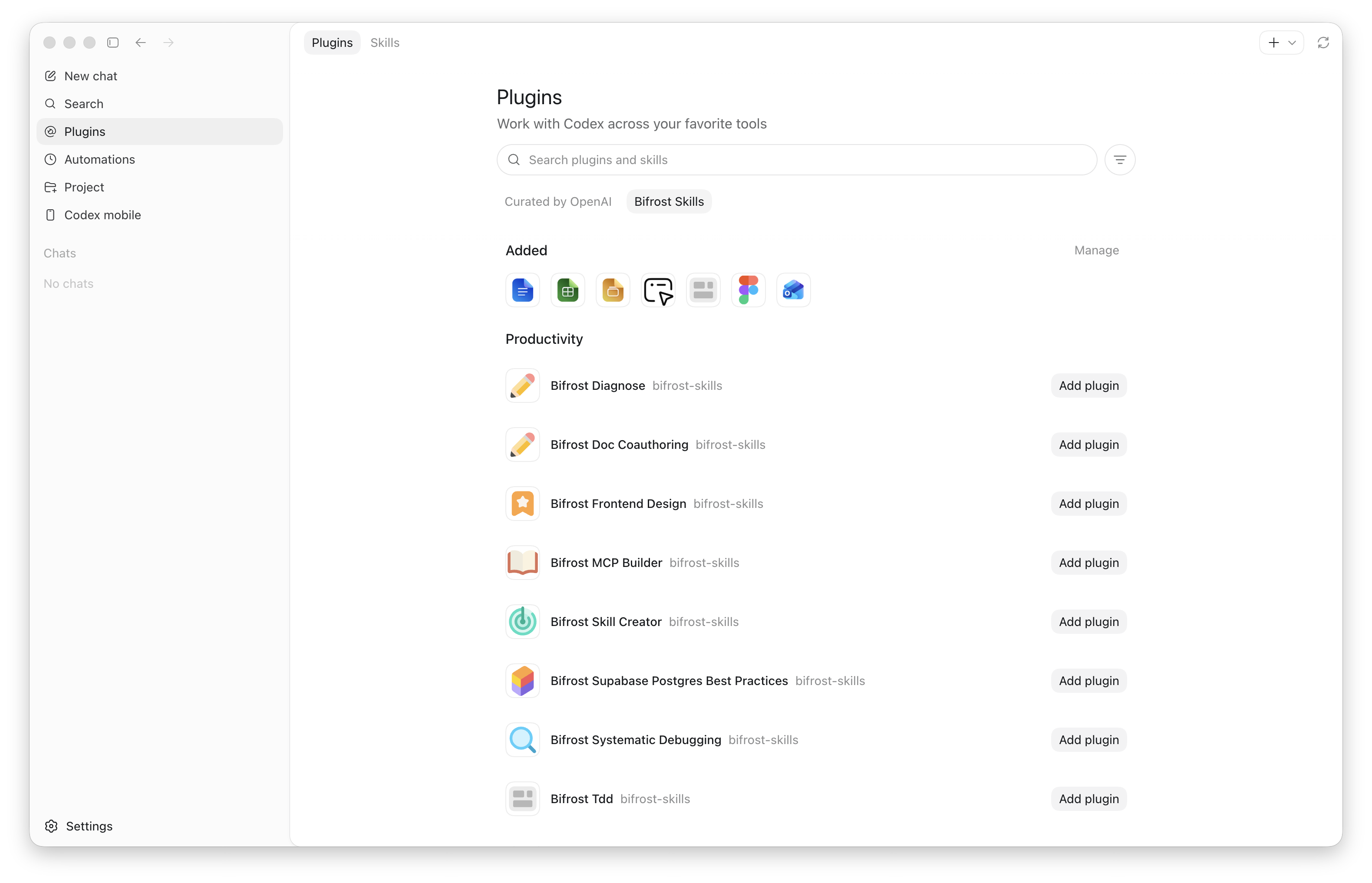 Codex desktop app showing individual Vikat skill plugins