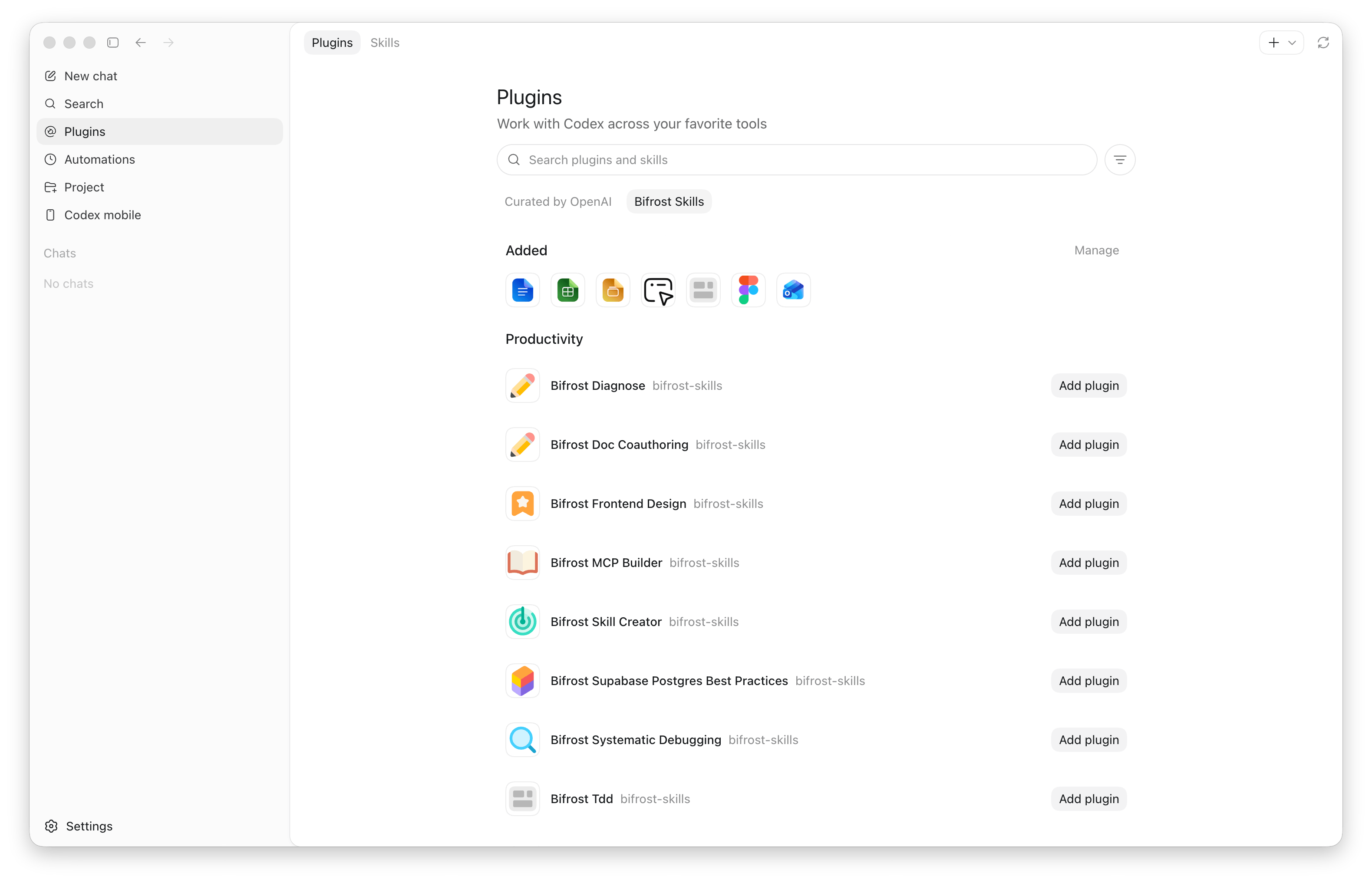 Codex desktop app showing individual Vikat skill plugins