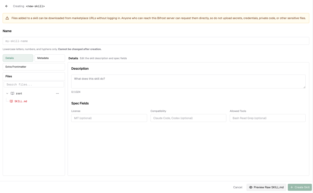 Two-pane skill editor showing Details pane with name, description, license, compatibility, and allowed tools fields