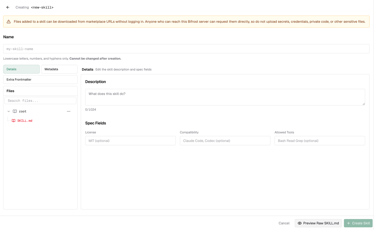 Two-pane skill editor showing Details pane with name, description, license, compatibility, and allowed tools fields