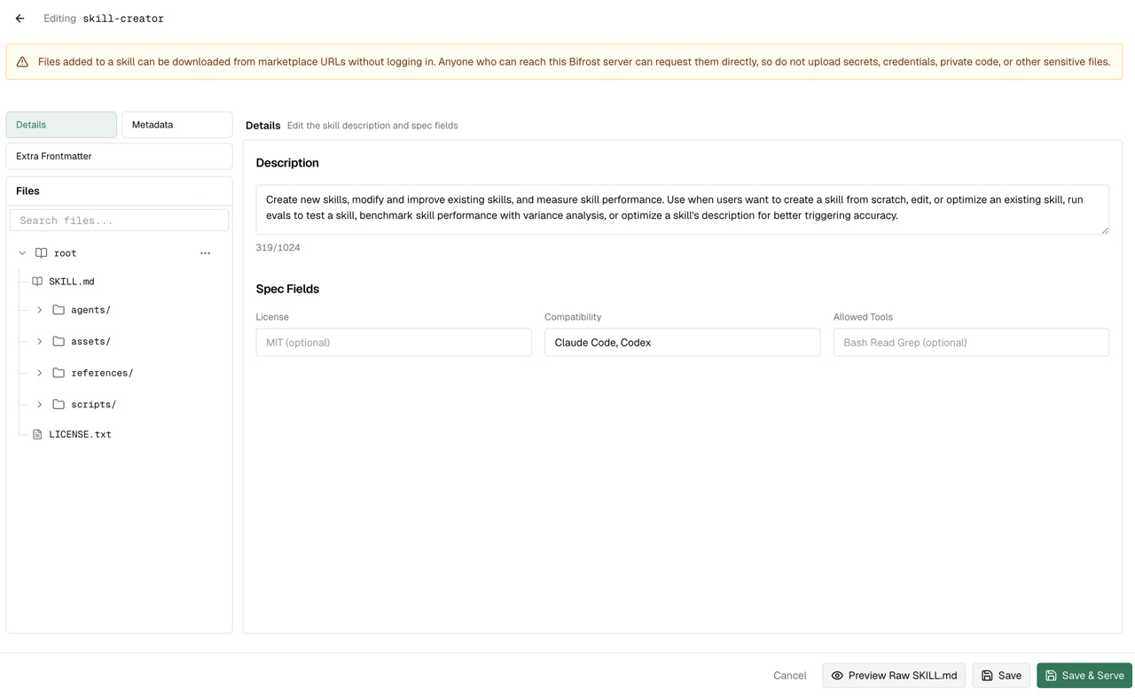 Save and Save & Serve actions in the skill editor