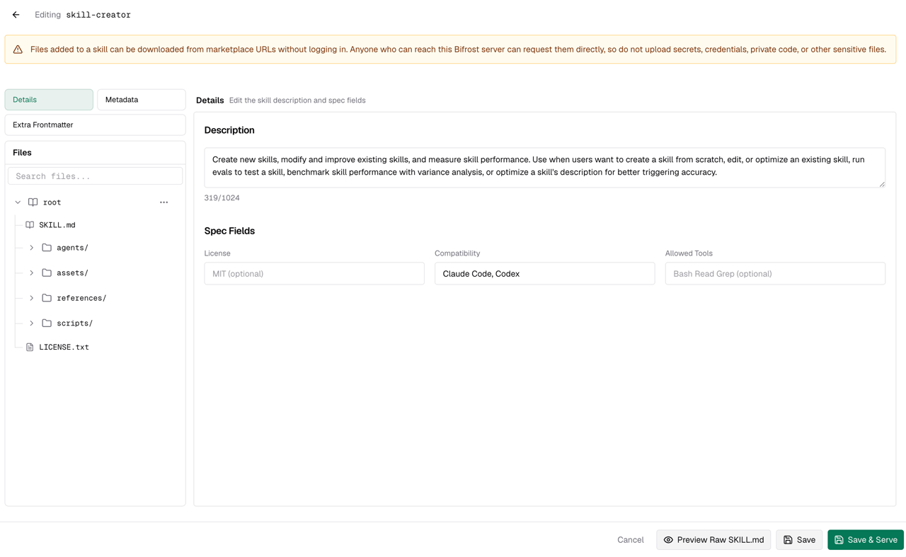 Save and Save & Serve actions in the skill editor