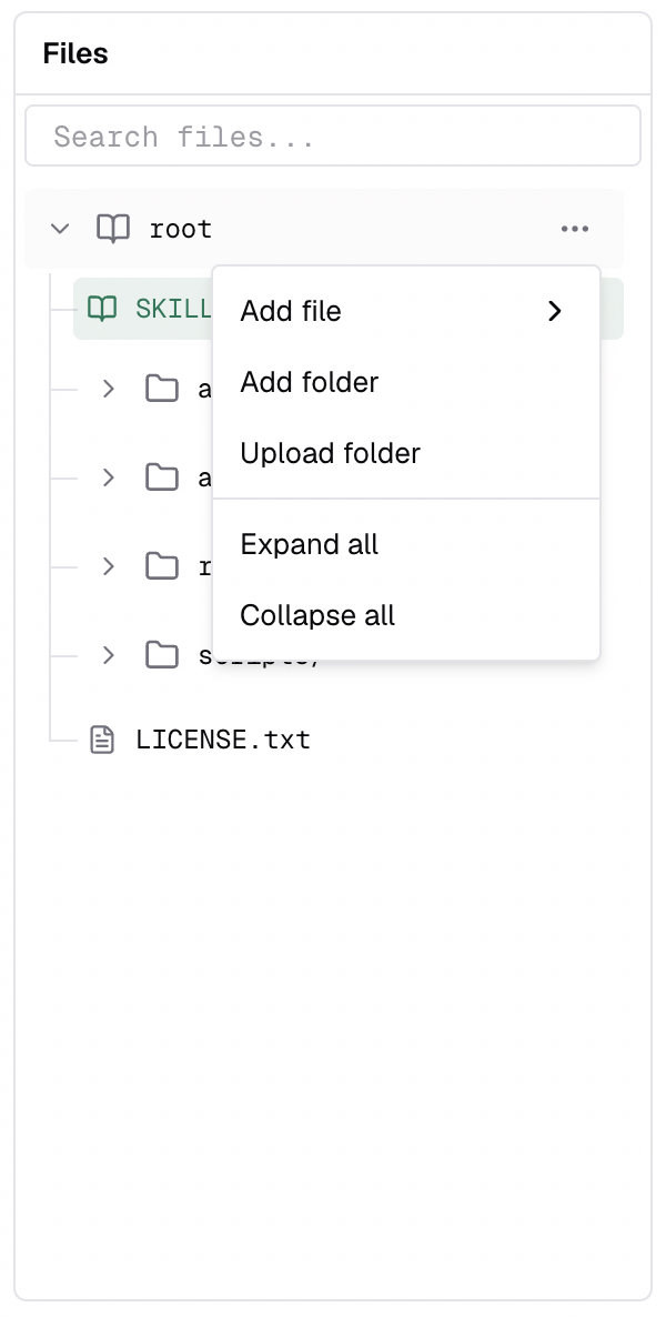 File tree in the left sidebar with search bar, SKILL.md node, and Add file, Upload folder, and Folder buttons