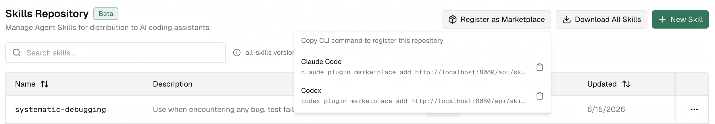 Register as Marketplace menu showing Claude Code and Codex commands