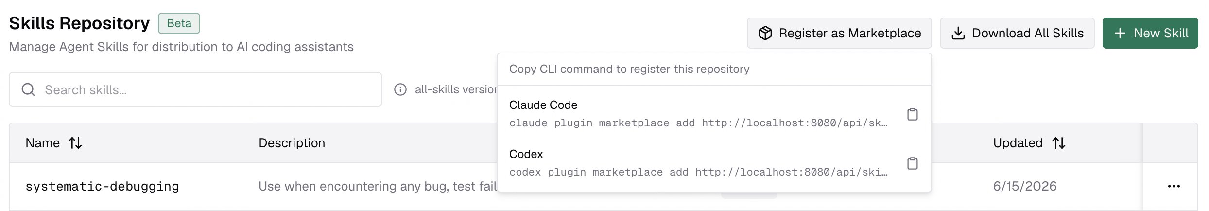 Register as Marketplace menu showing Claude Code and Codex commands