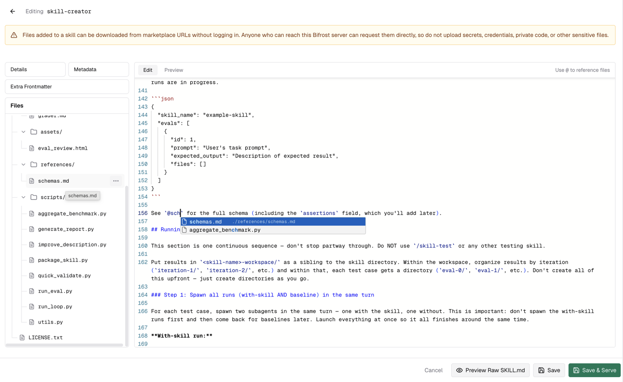 Using @ to reference attached files in the SKILL.md editor