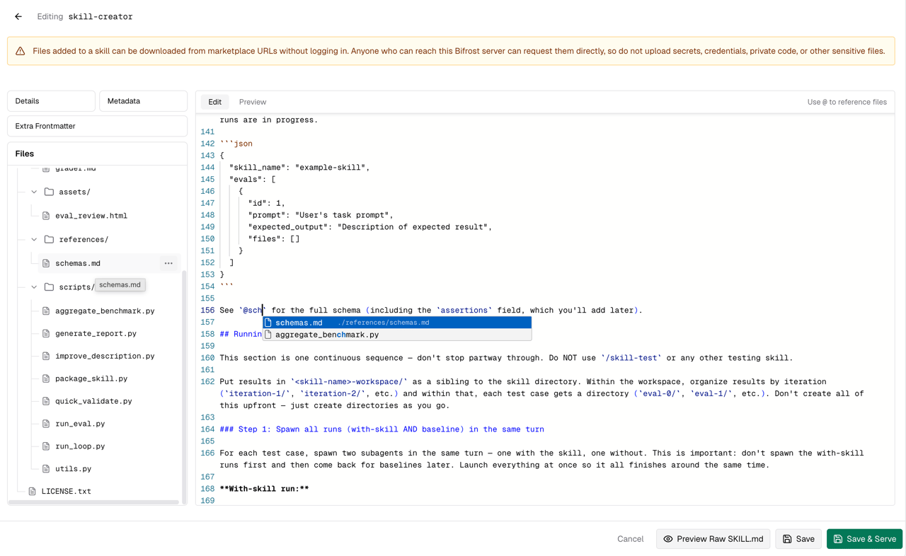 Using @ to reference attached files in the SKILL.md editor