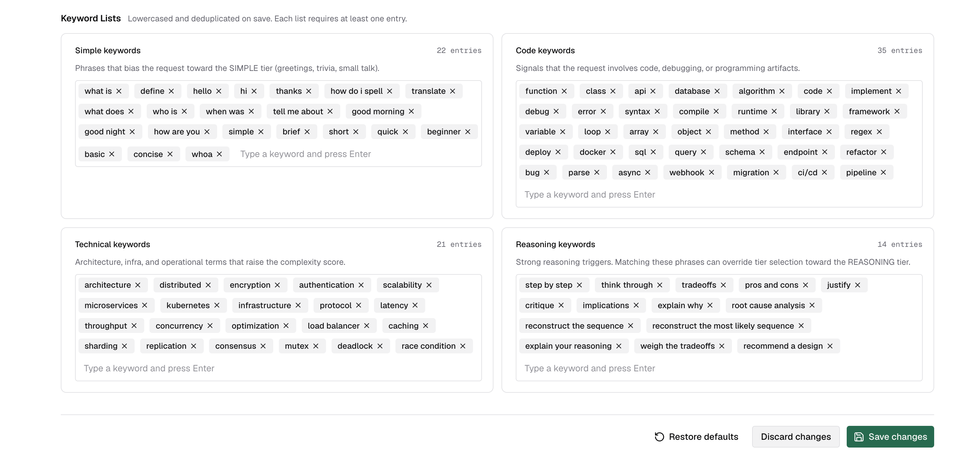 Complexity Router Keyword Lists