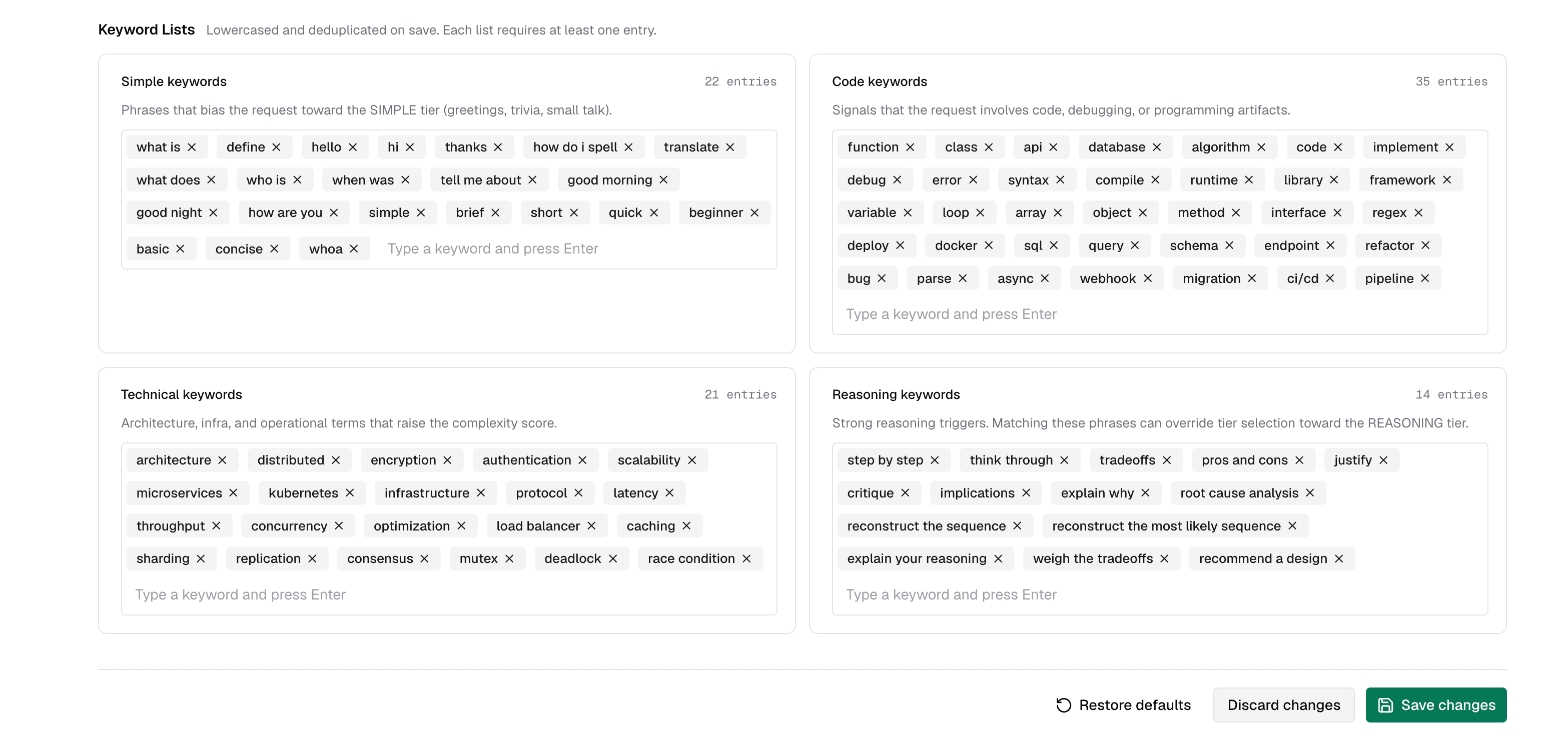 Complexity Router Keyword Lists