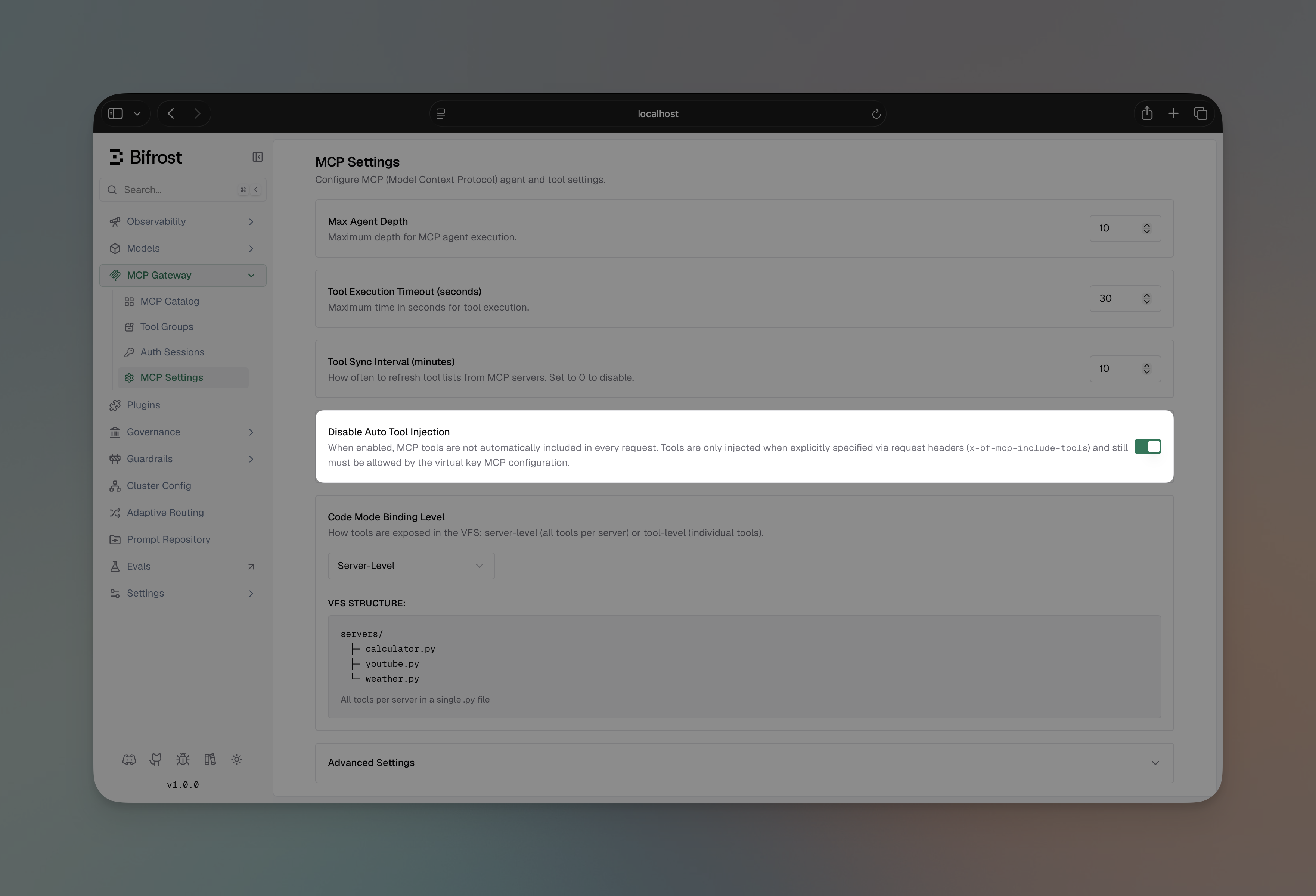 Settings → MCP panel with the Disable Auto Tool Injection toggle highlighted