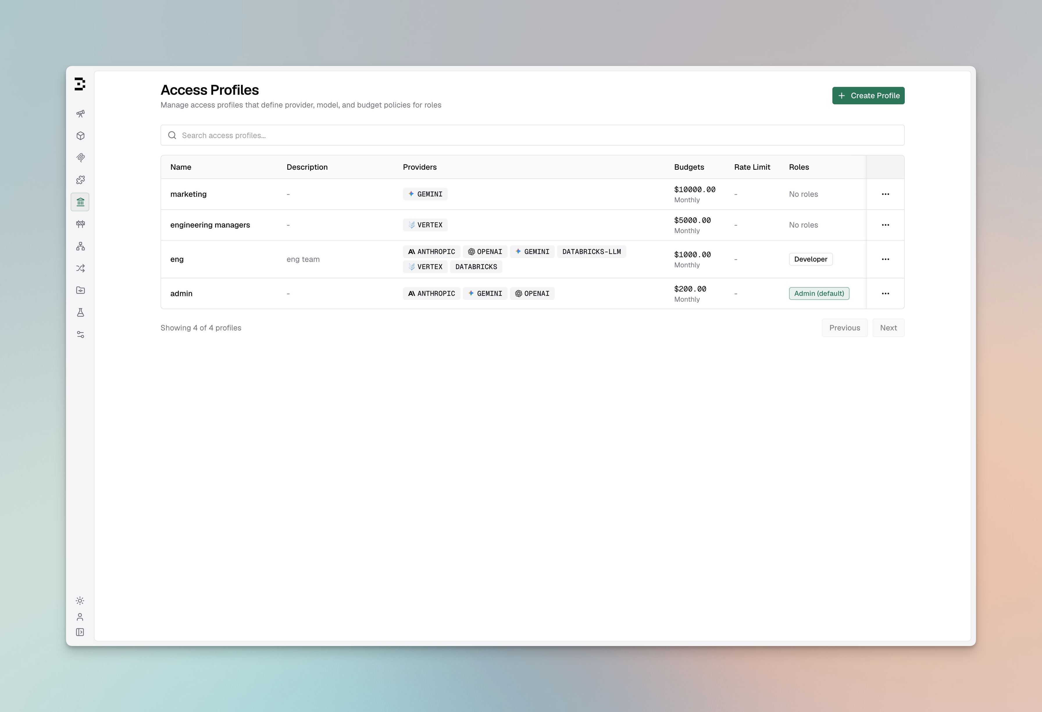 Access Profiles list page with table columns and create button