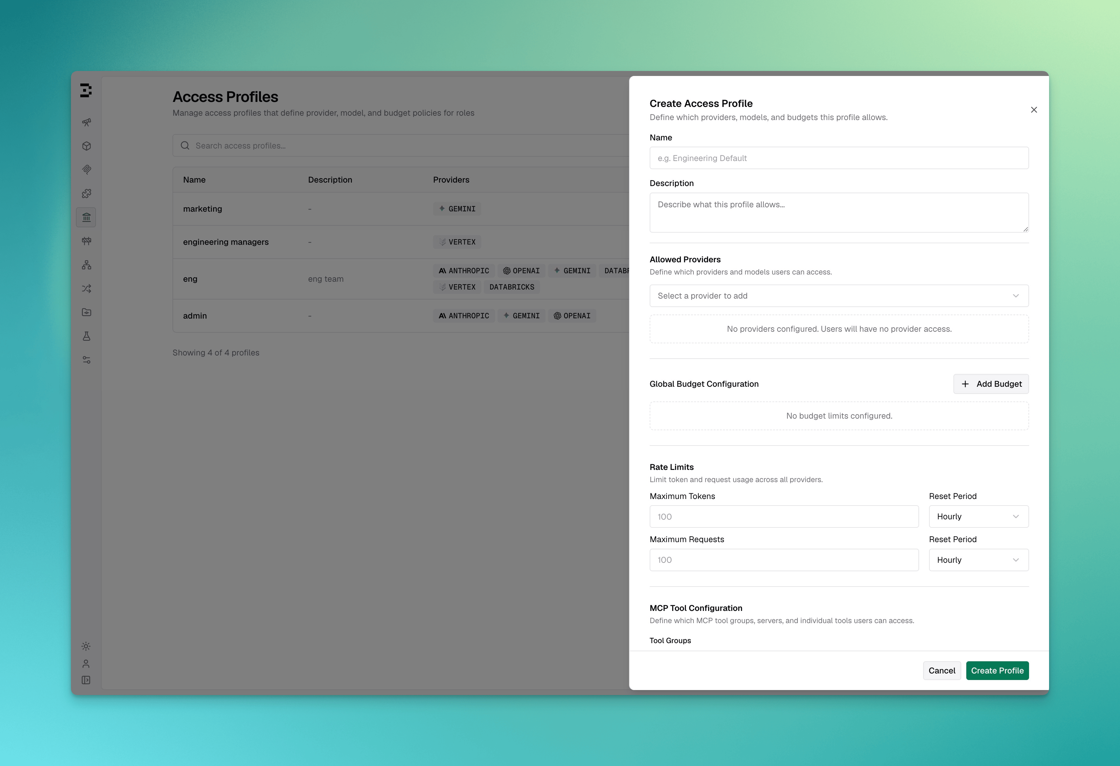 Access Profiles list page with table columns and create button