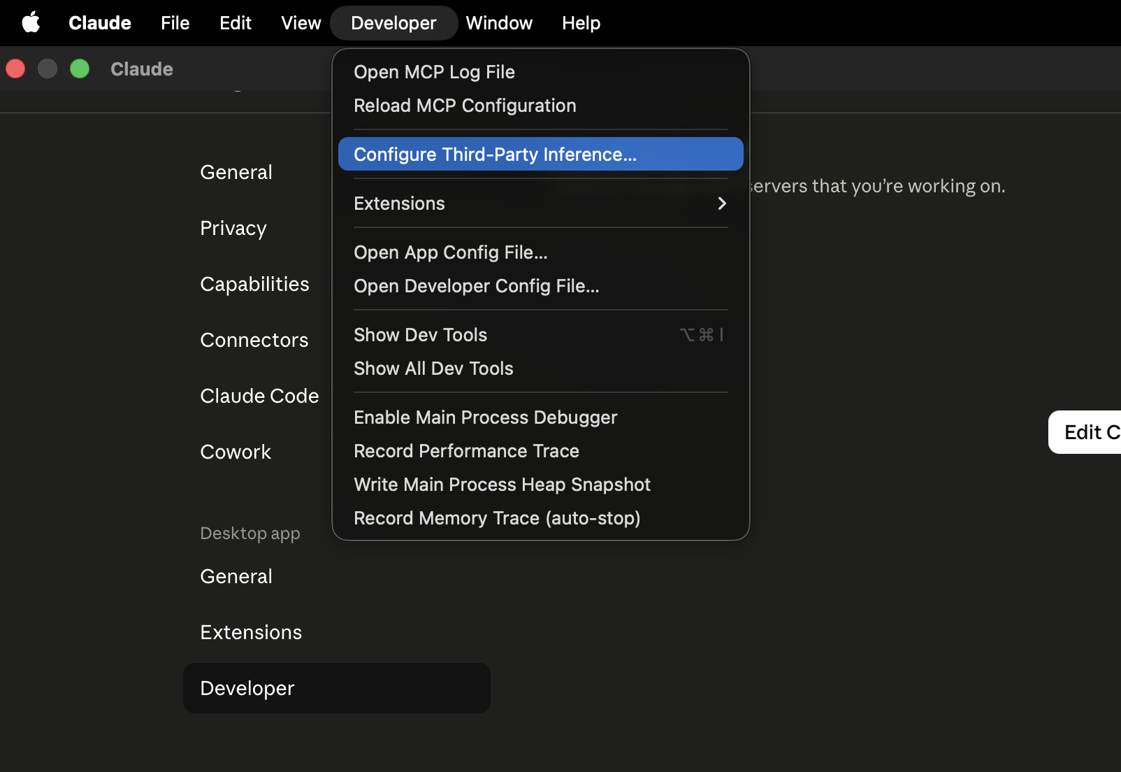 Selecting Gateway as the inference provider in Claude Desktop Developer settings