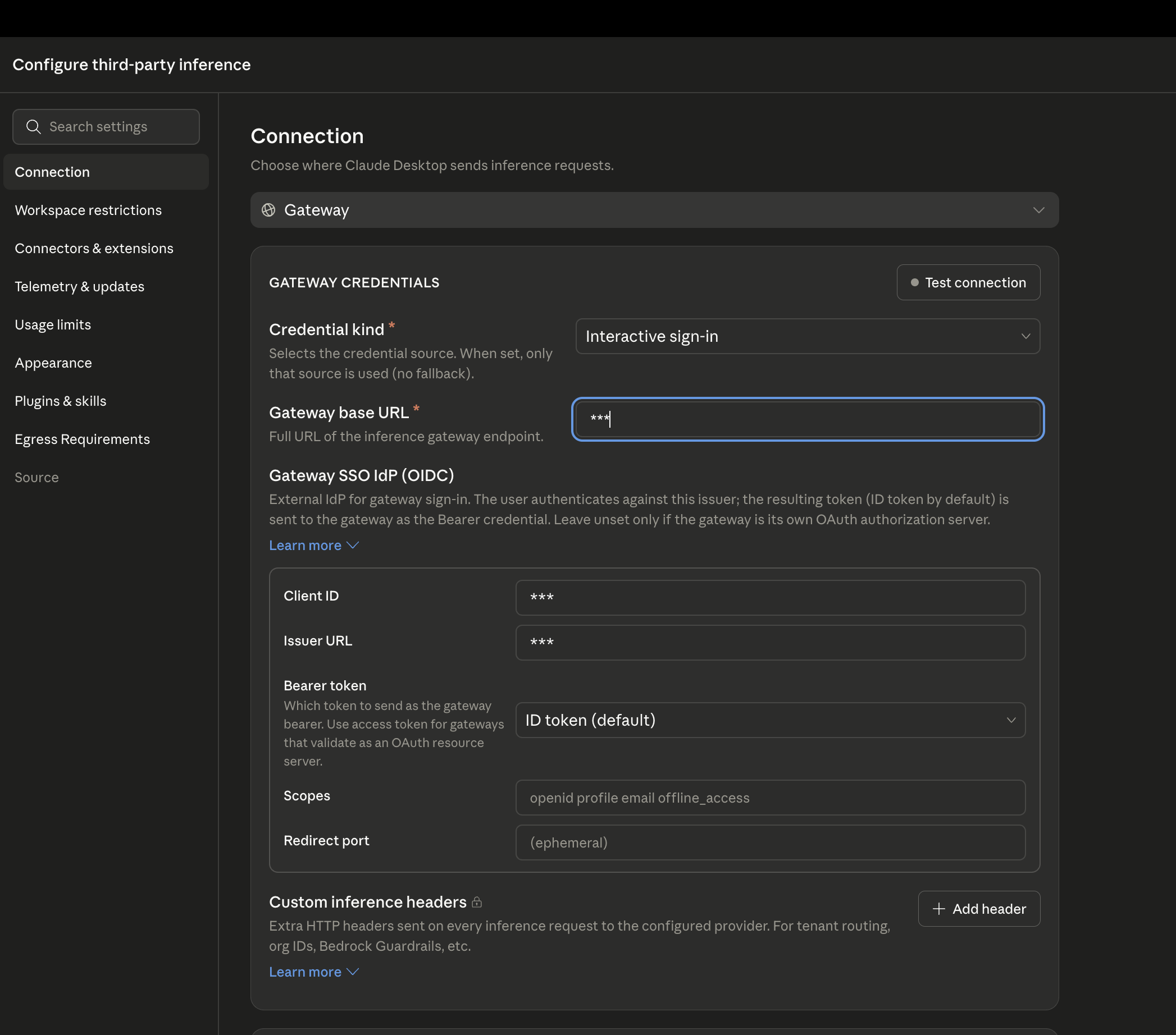 Configuring the gateway base URL, auth scheme, and API key in Claude Desktop through IdP
