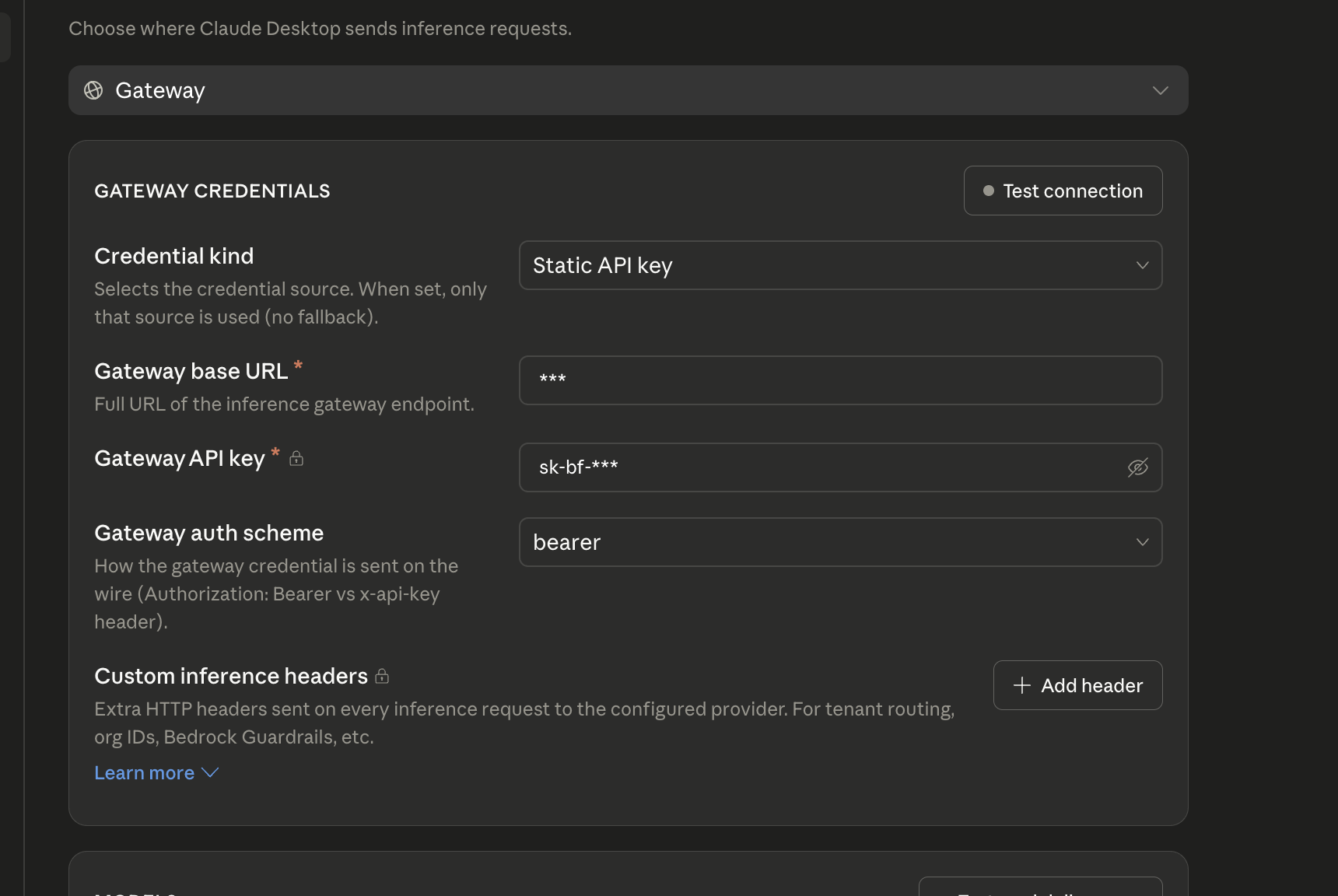 Configuring the gateway base URL, auth scheme, and API key in Claude Desktop