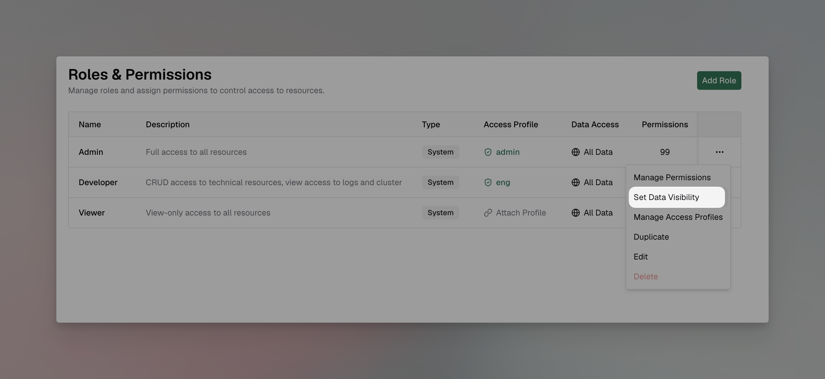 Create New Role dialog showing name, description, and data visibility fields
