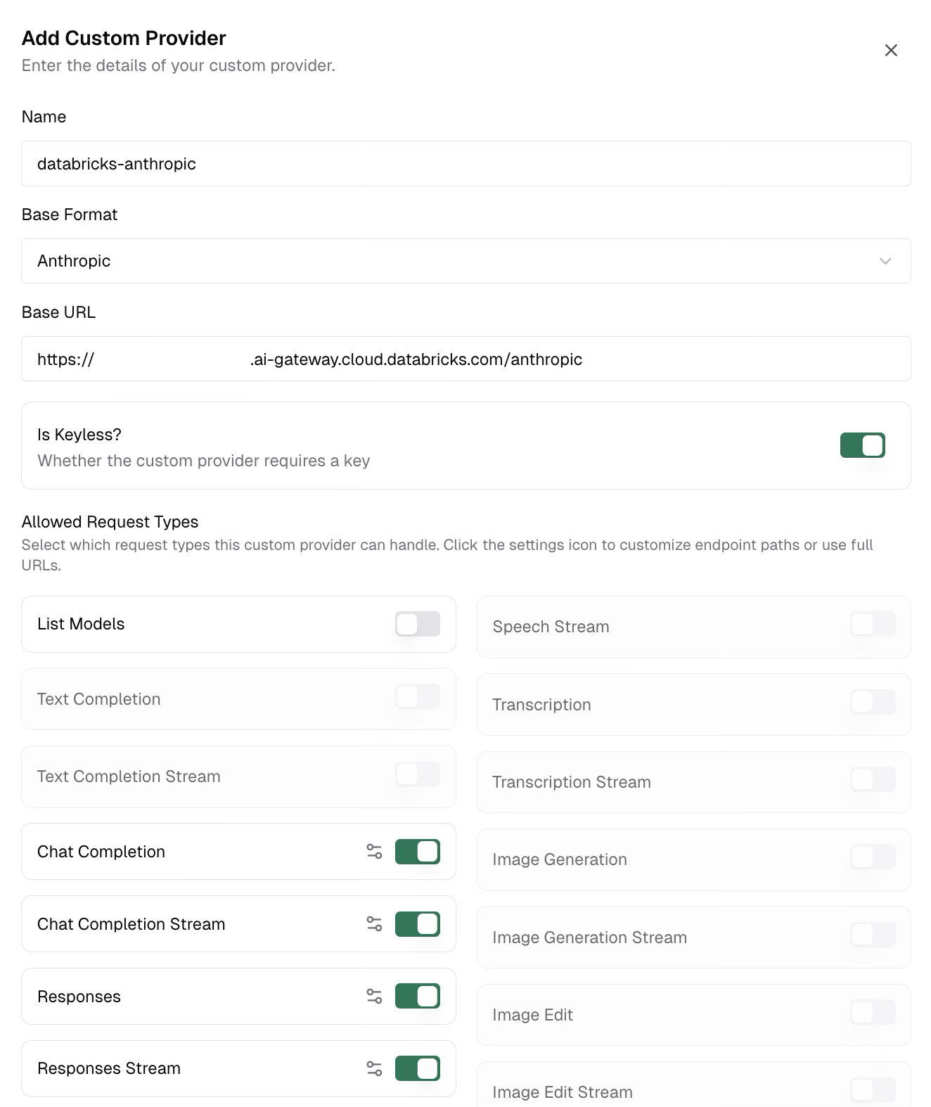 Add Custom Provider dialog configured for Anthropic Messages with List Models toggled off