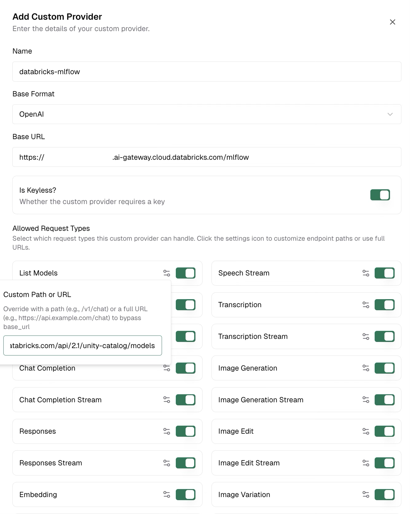 Add Custom Provider dialog configured for MLflow with the List Models custom path popover showing the Unity Catalog URL
