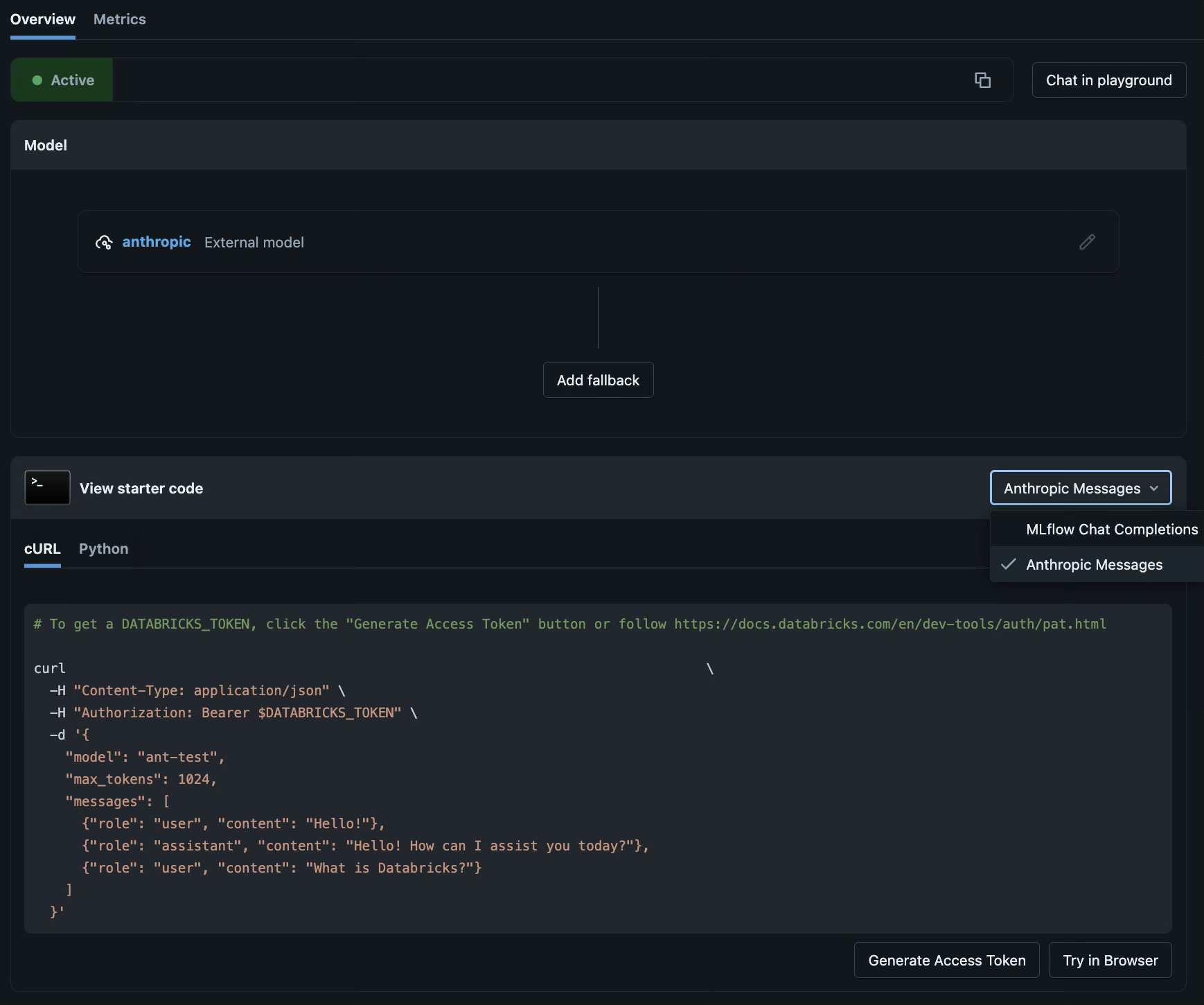 Databricks AI Gateway endpoint overview page showing the API format dropdown and Generate Access Token button