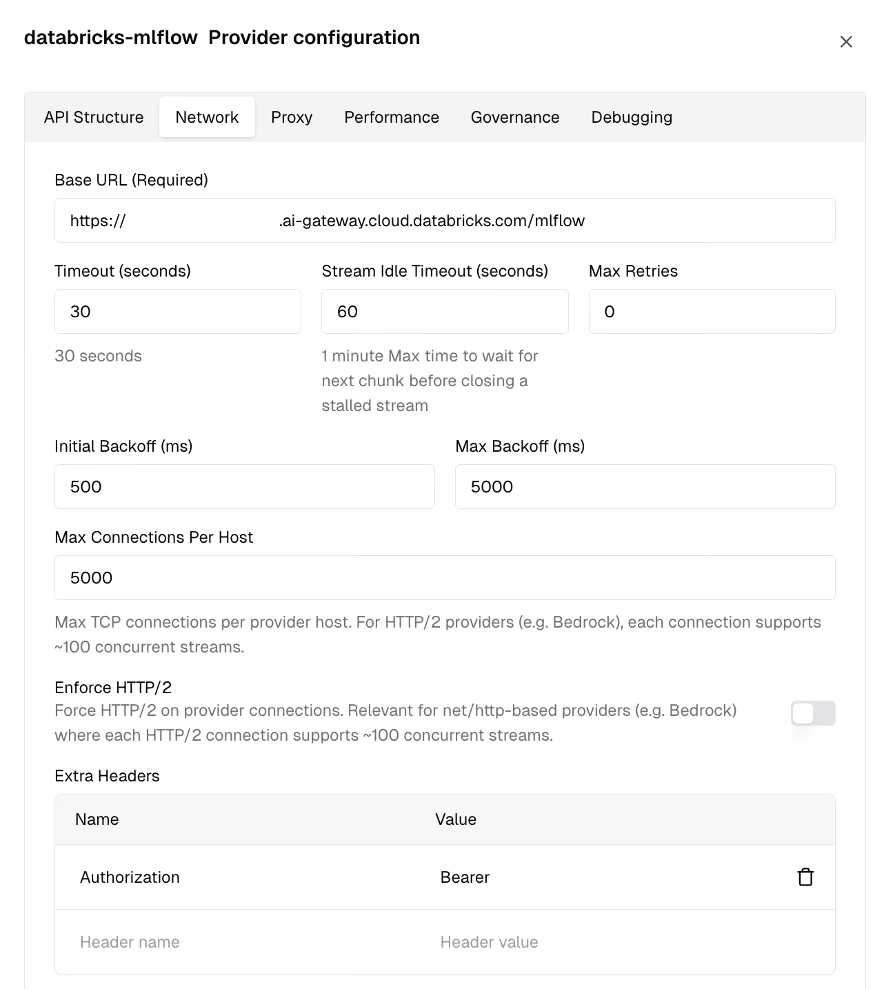 Provider configuration Network tab showing the Authorization header in Extra Headers for the MLflow provider
