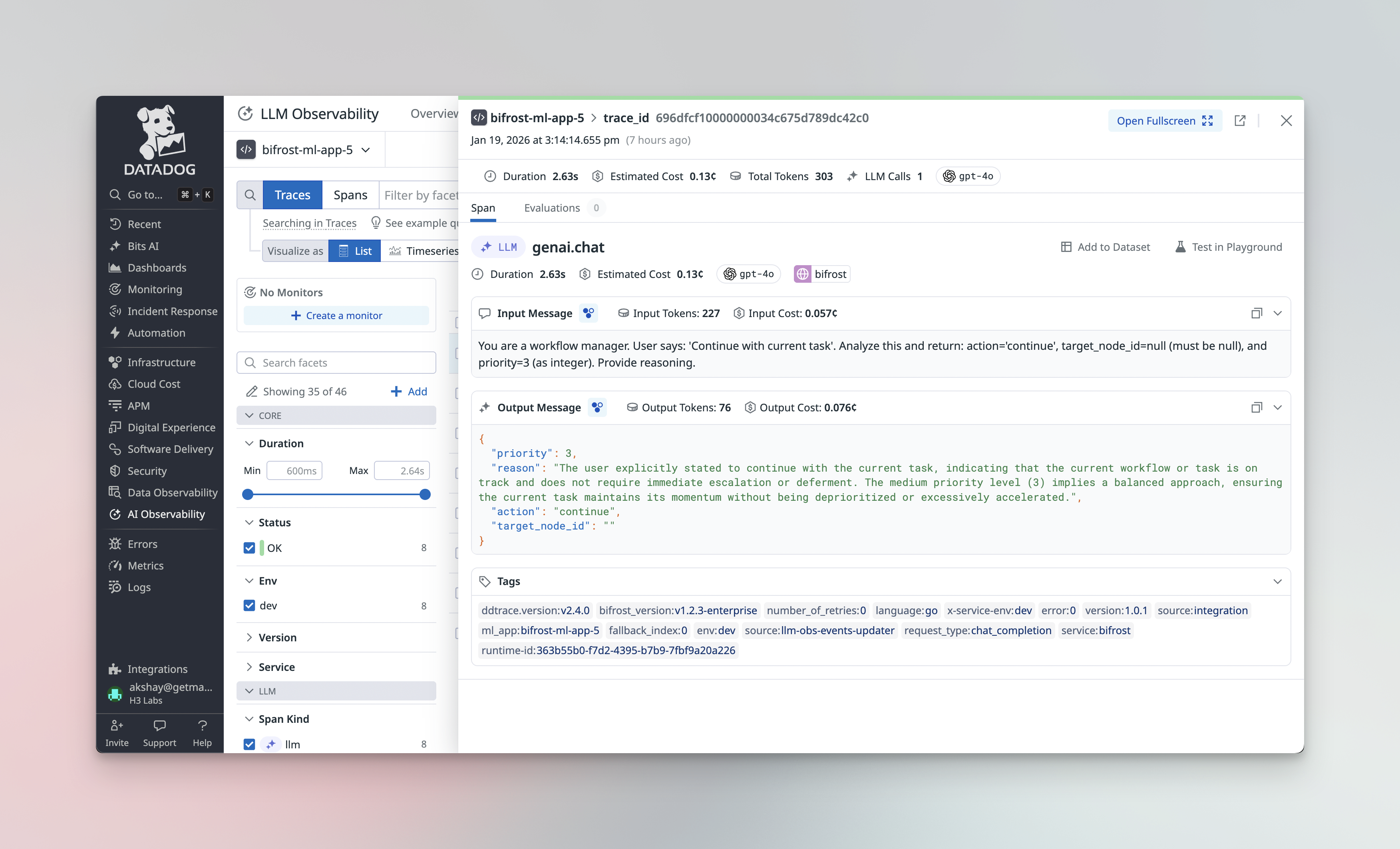 Datadog LLM Observability dashboard