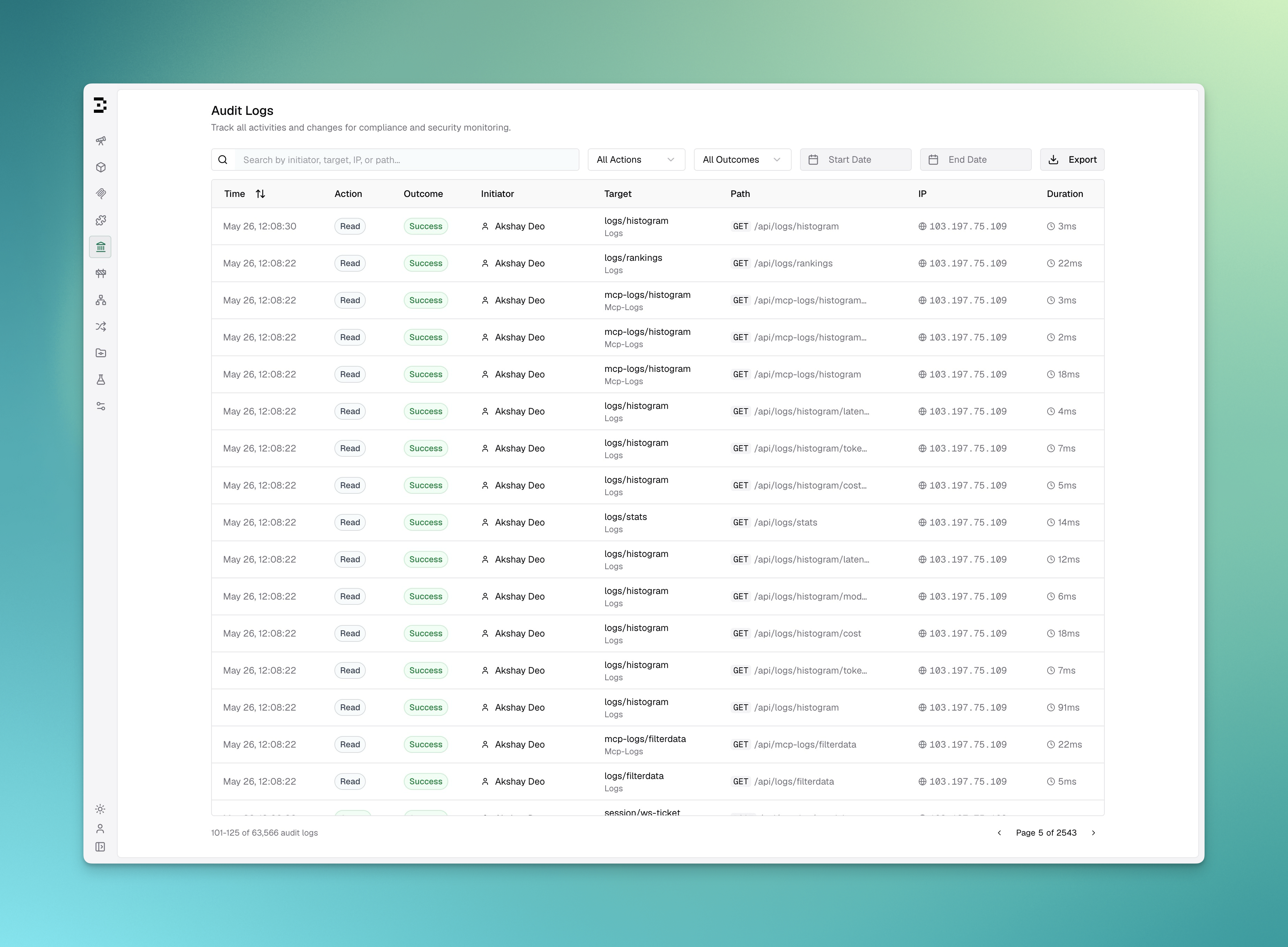 Audit logs screen