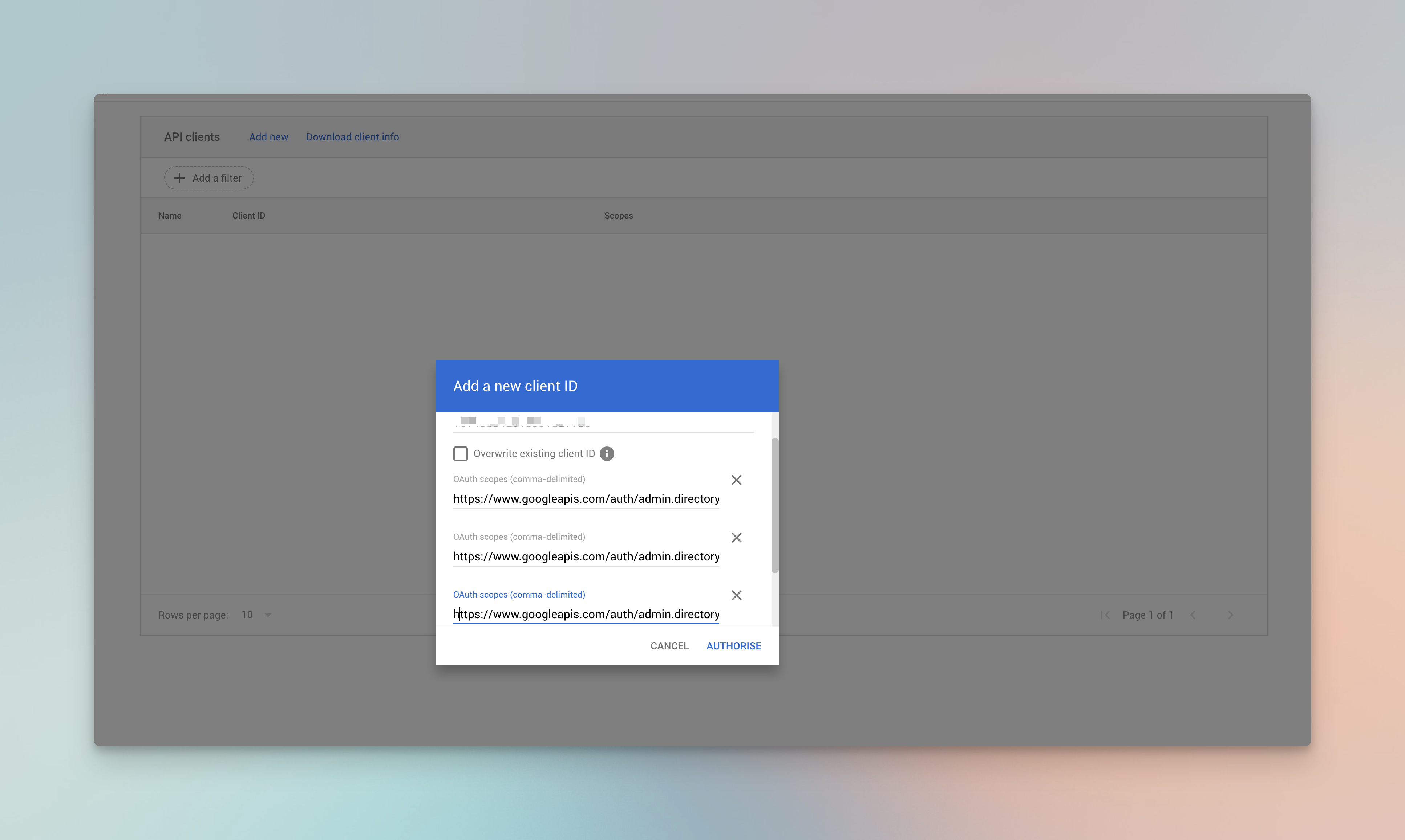 Google Admin Console Domain-Wide Delegation page with Add new entry button