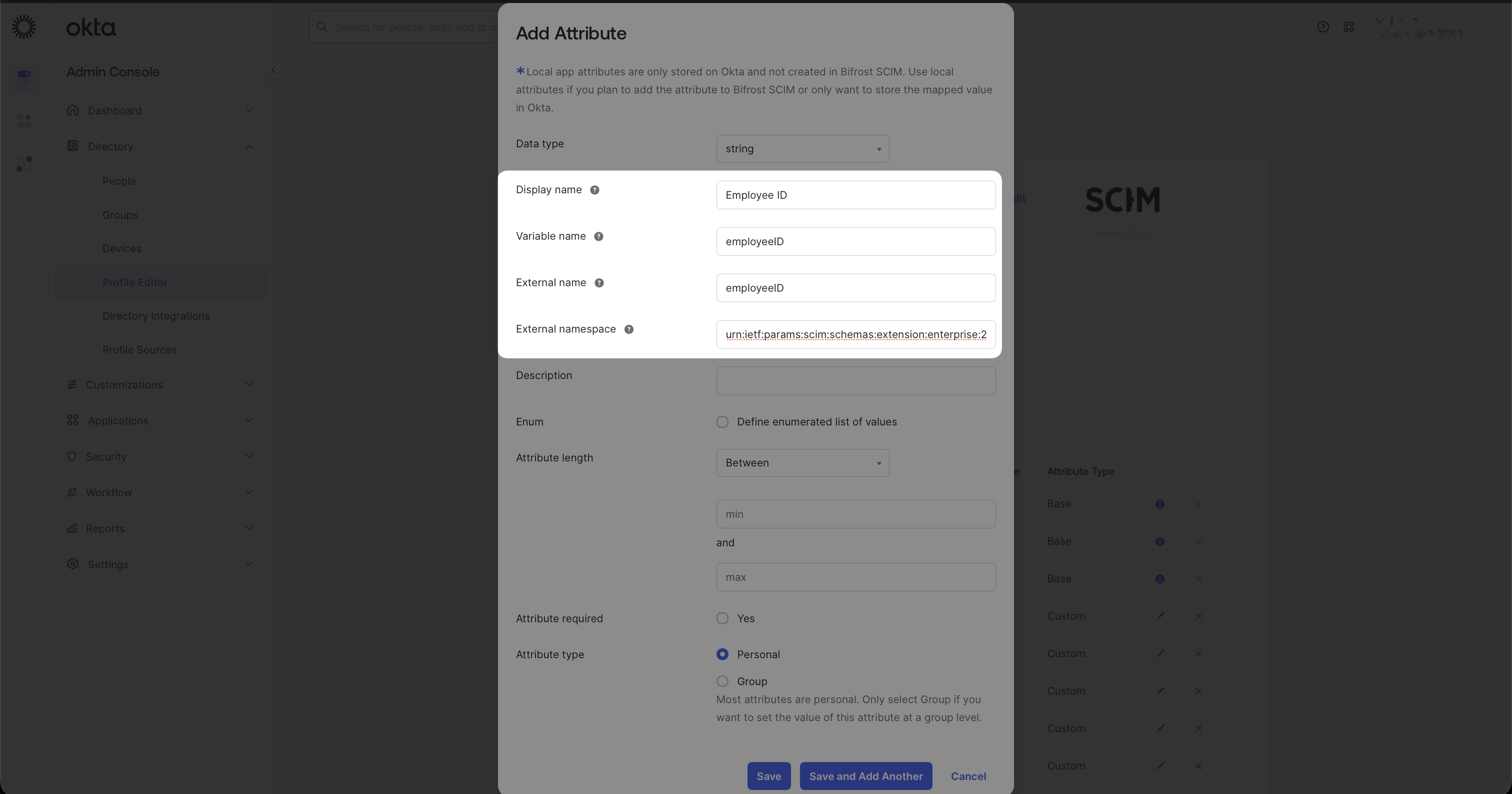 Add Attribute dialog with Display name Employee ID, Variable name employeeID, and External name employeeID filled in