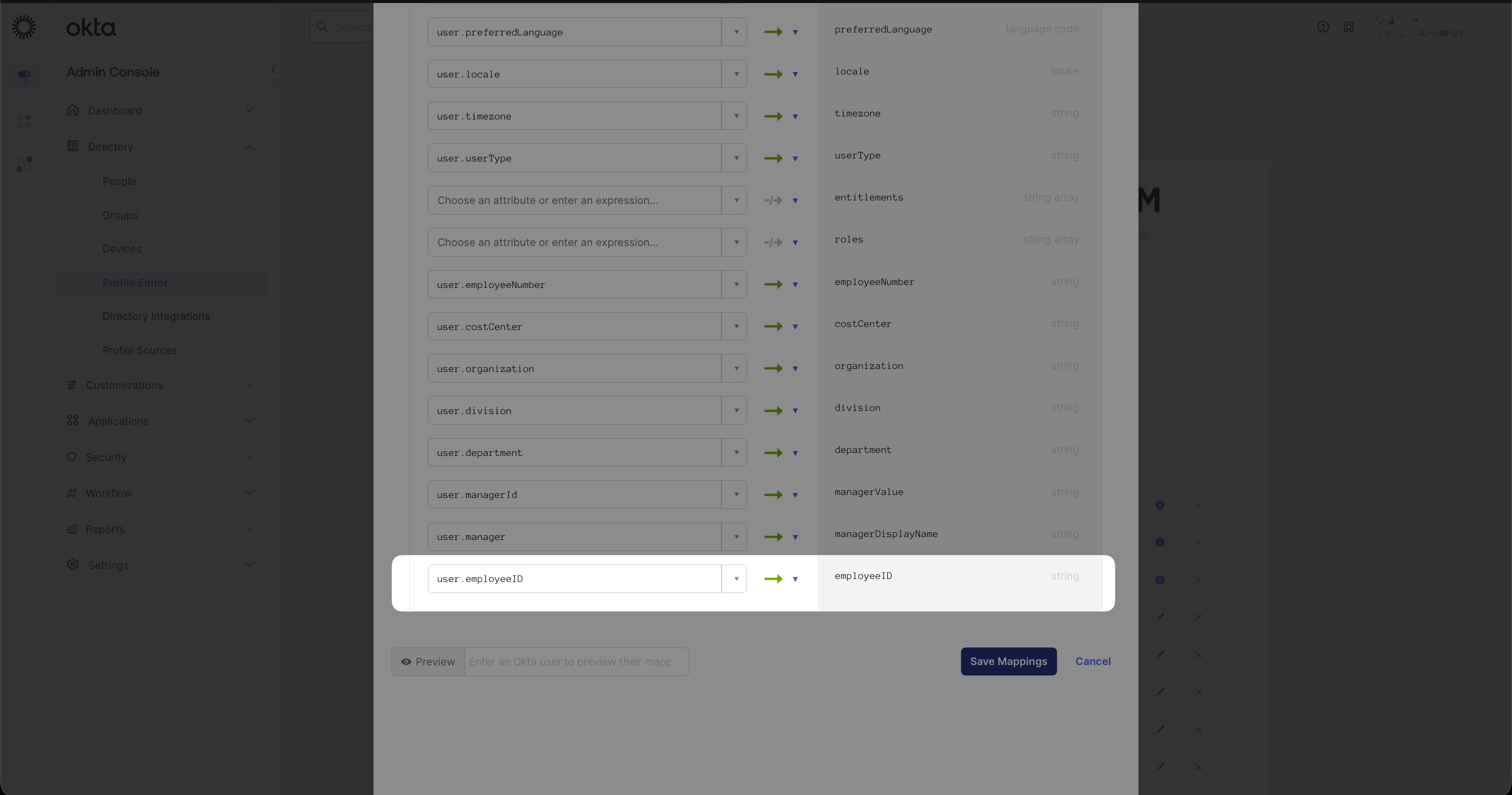Attribute mapping row showing user.employeeID mapped to the employeeID SCIM attribute