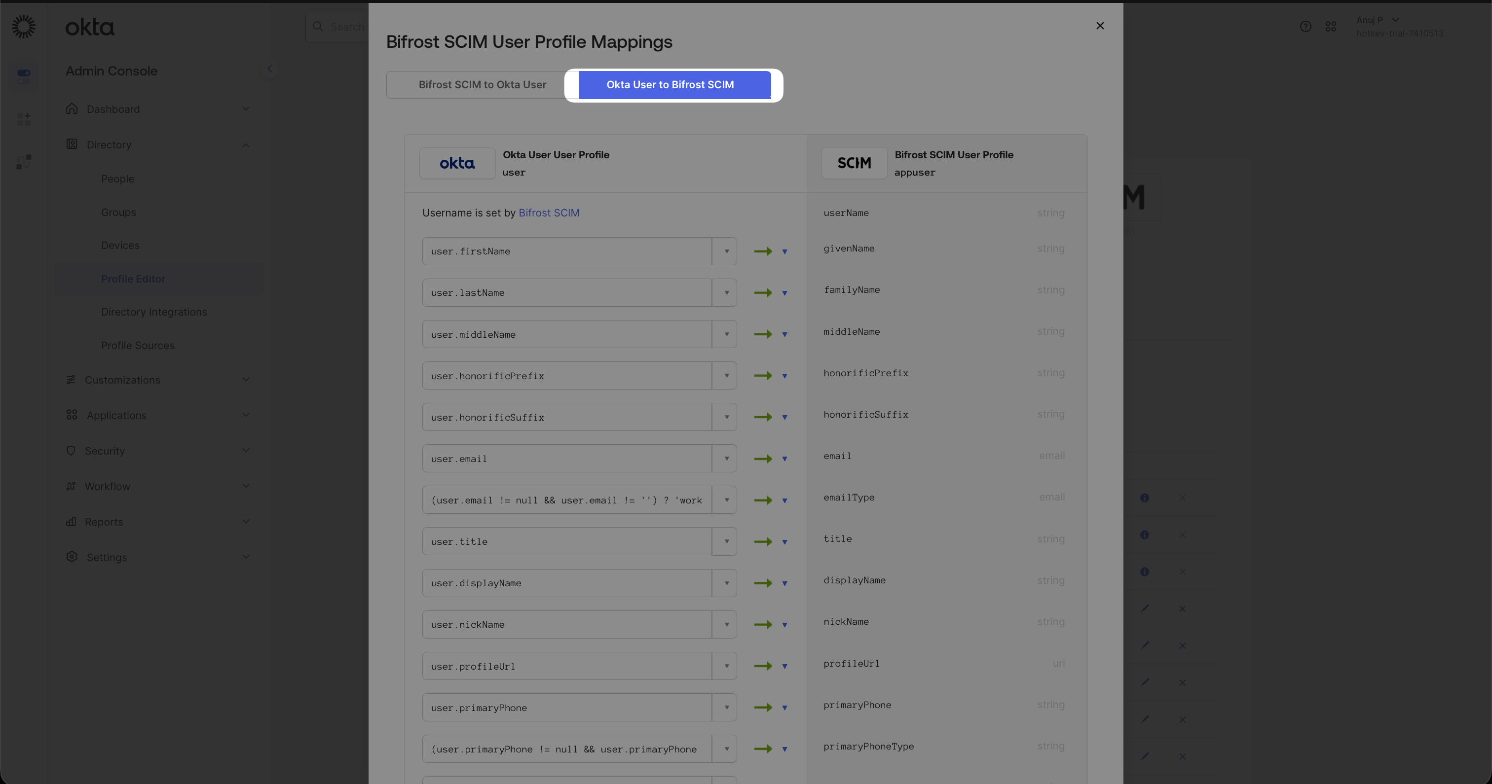 Okta User to Vikat SCIM mapping direction tab showing attribute mapping fields