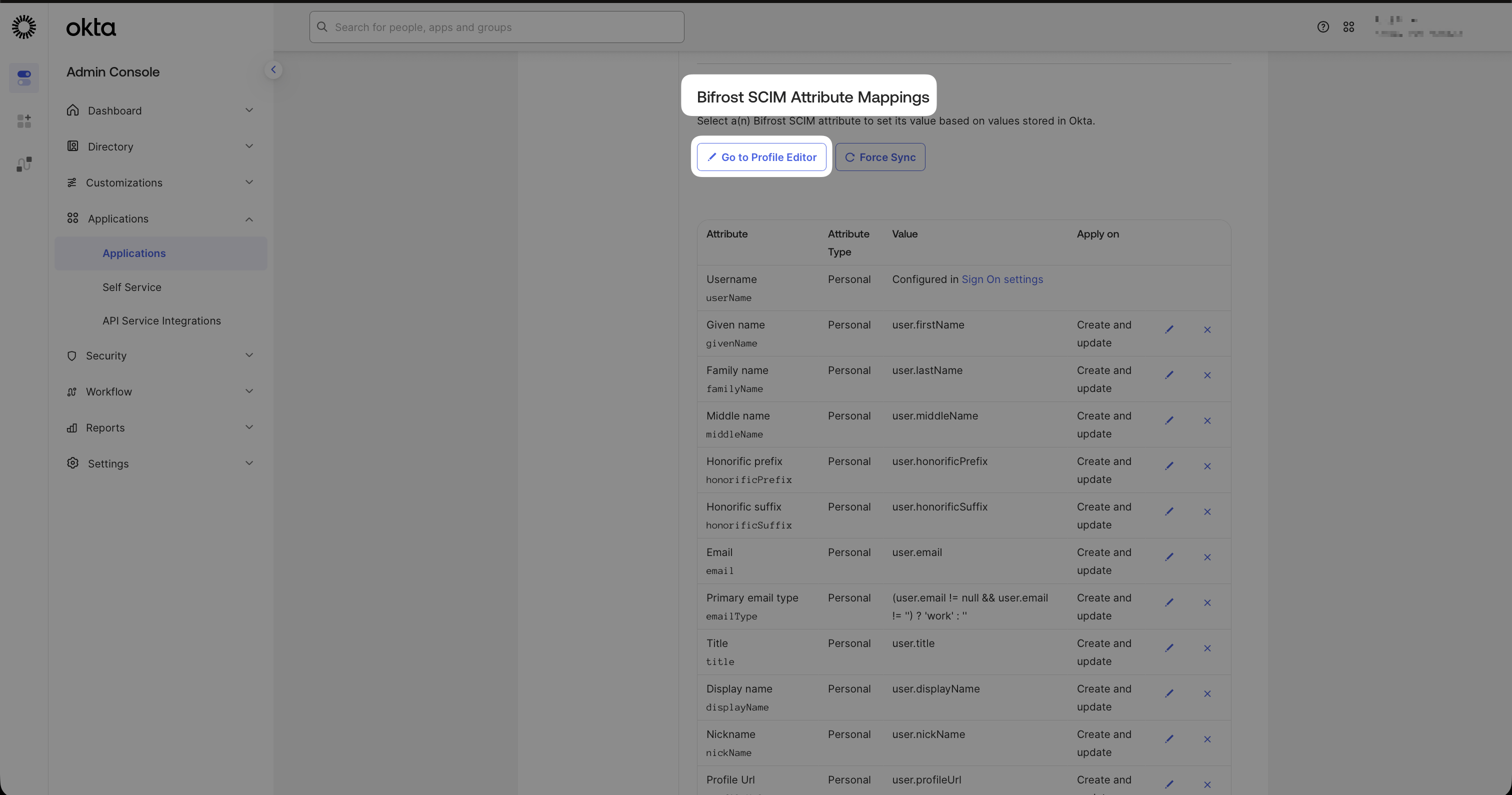 Vikat SCIM Attribute Mappings screen with Go to Profile Editor and Force Sync buttons