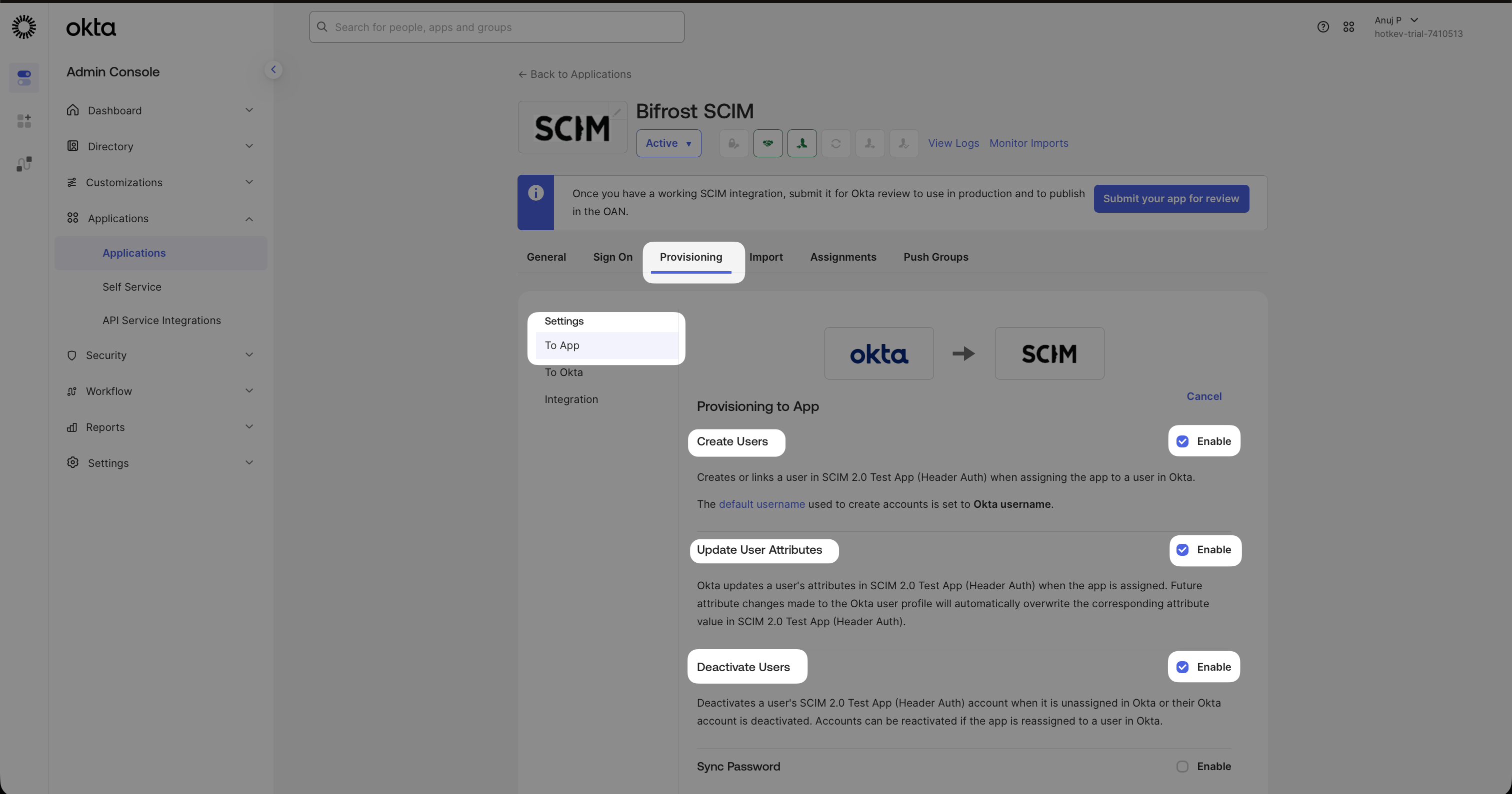 Okta Provisioning To App section with Create Users, Update User Attributes, and Deactivate Users enabled