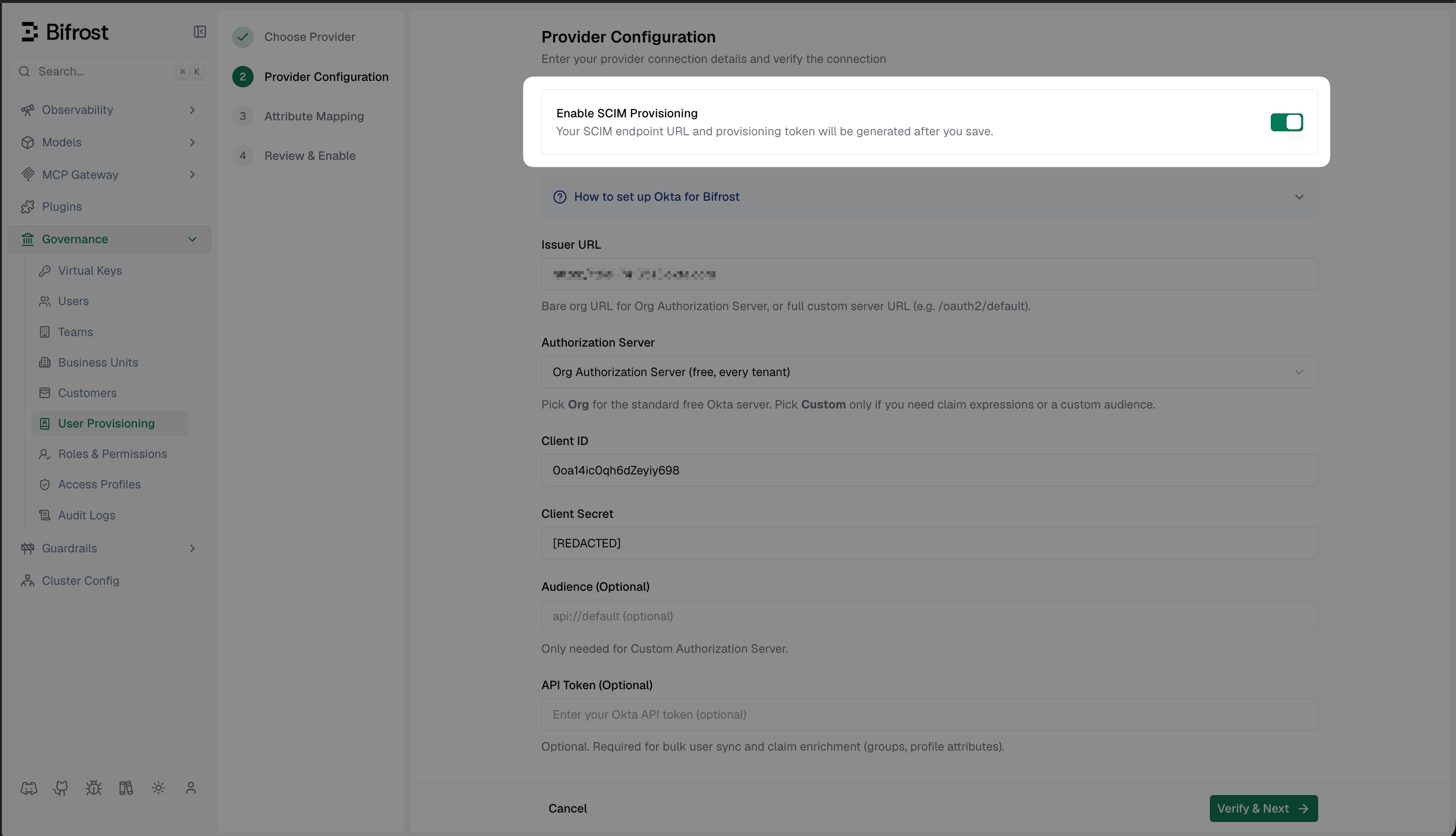 Vikat Provider Configuration with Enable SCIM Provisioning toggle turned on
