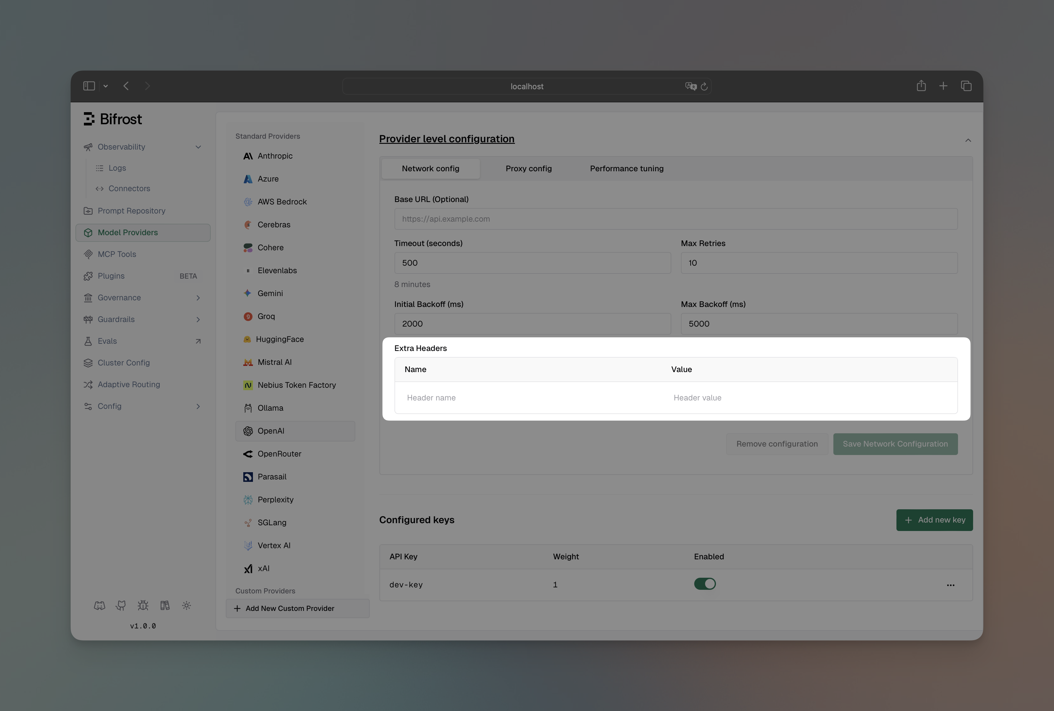 Extra Headers Configuration Interface